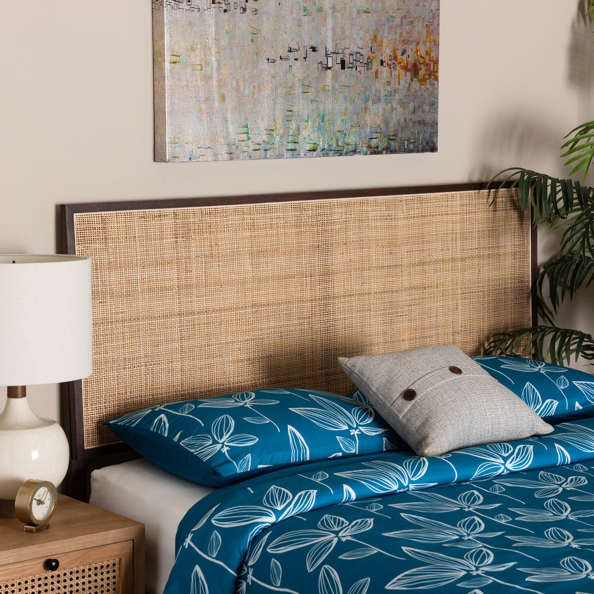 Aurelia Modern Bohemian Dark Brown Finished Bayur Wood and Natural Rattan Queen Size Headboard