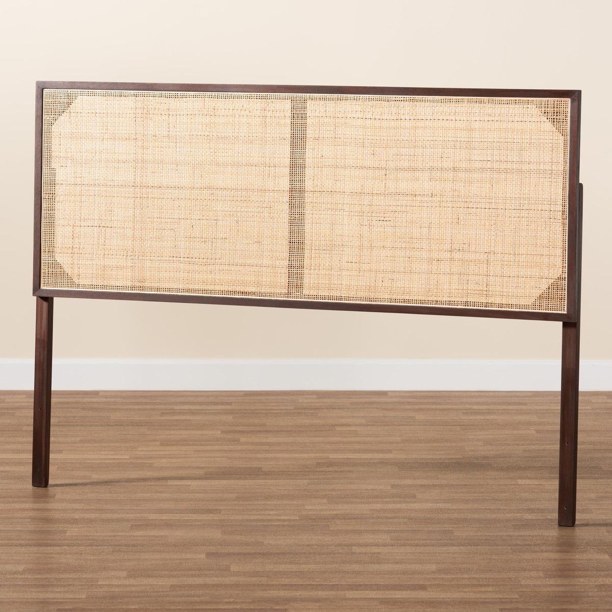 Aurelia Modern Bohemian Dark Brown Finished Bayur Wood and Natural Rattan Queen Size Headboard