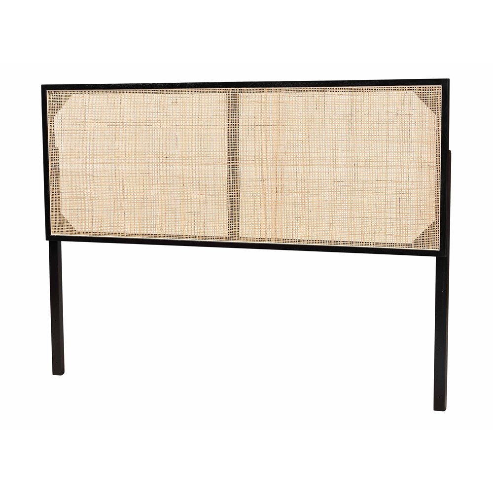 Aurelia Modern Bohemian Black Finished Bayur Wood and Natural Rattan Queen Size Headboard