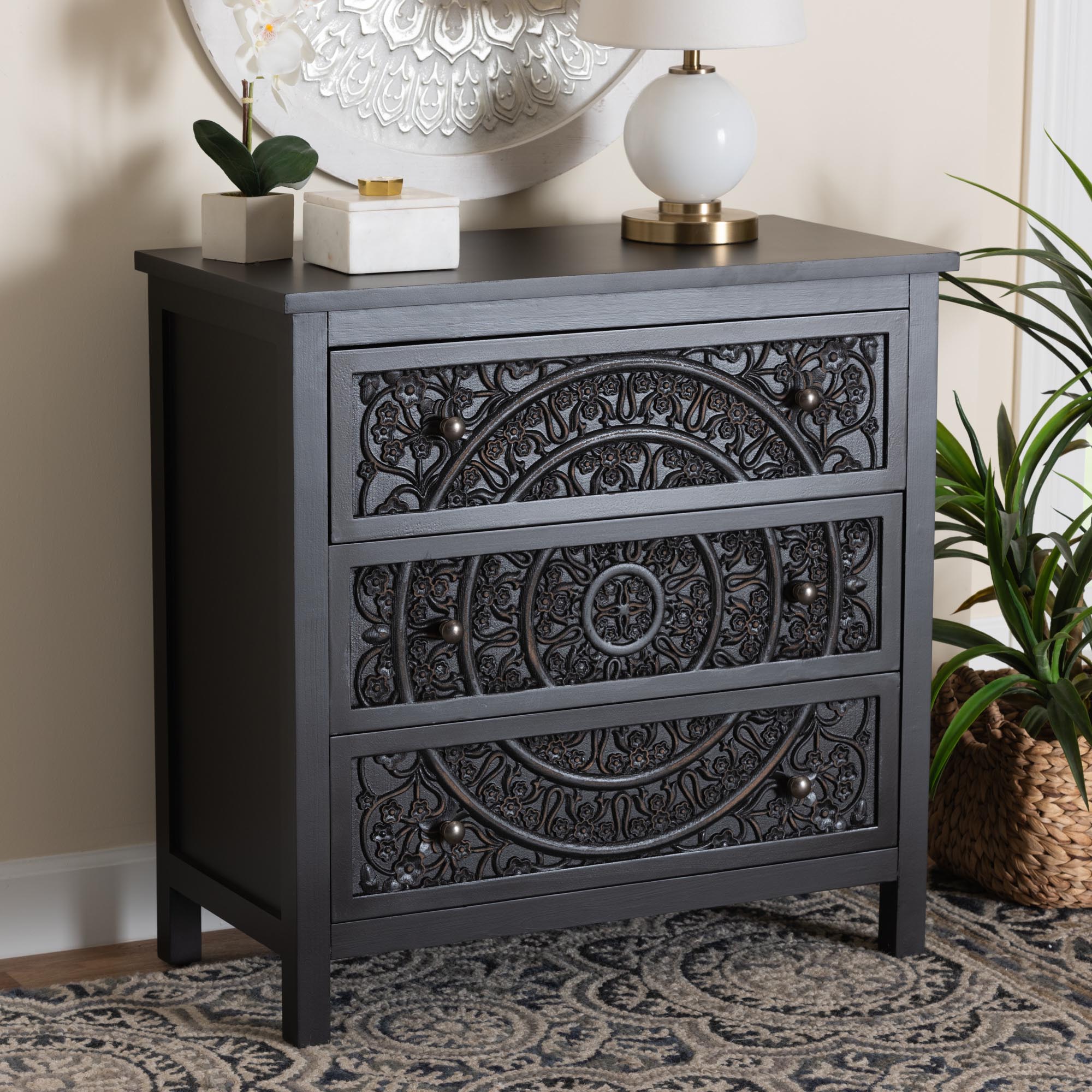 Yelena Classic and Traditional Black Finished Wood 3-Drawer Storage Cabinet