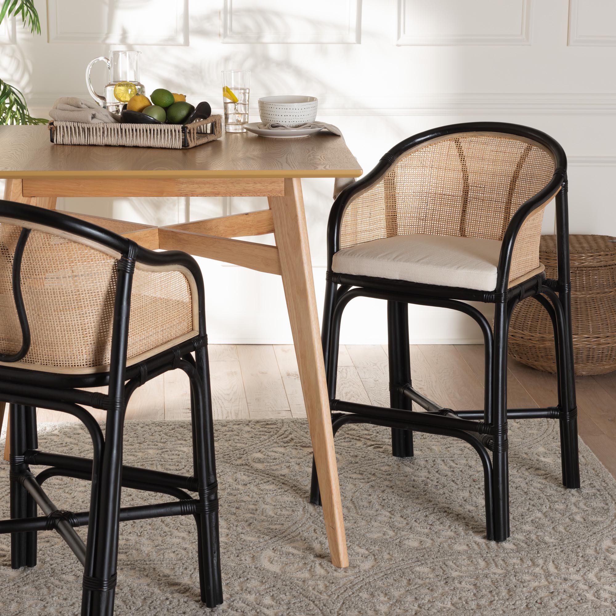 Miranda Modern Bohemian Two-Tone Black and Natural Brown Rattan Counter Stool