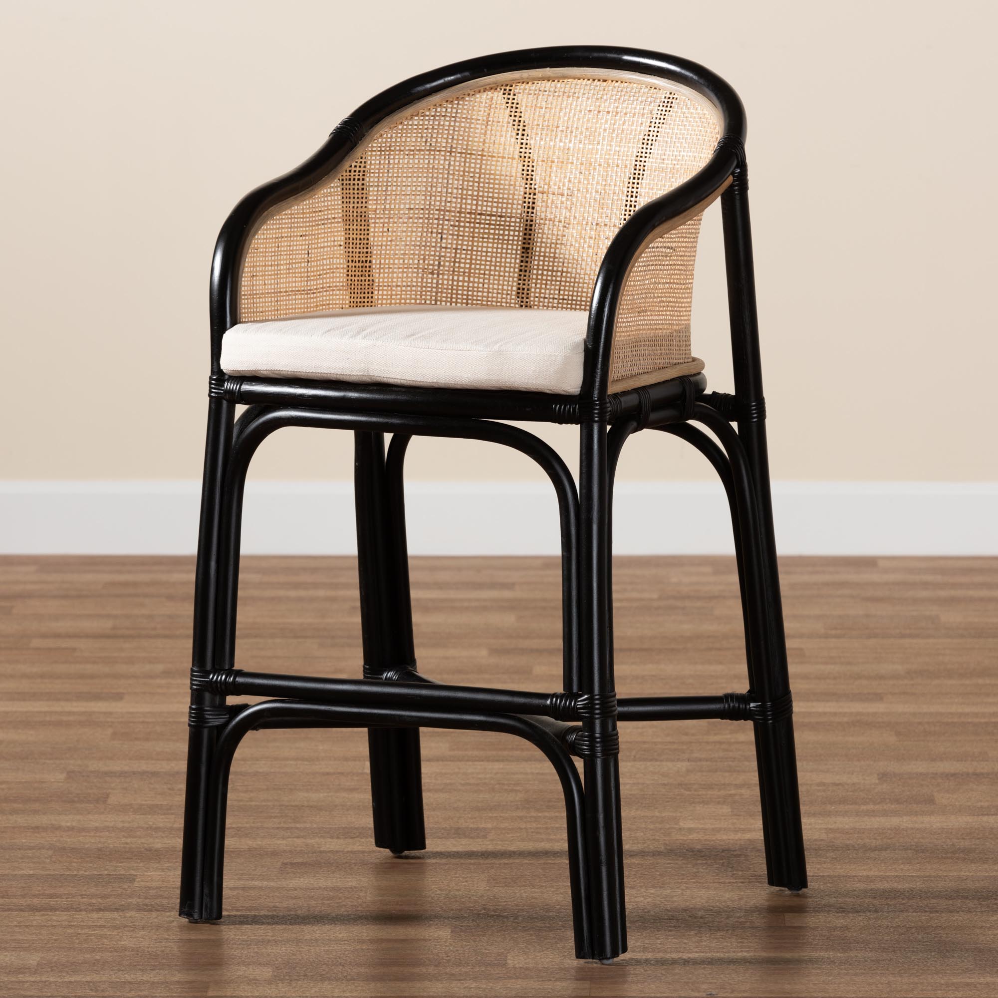Miranda Modern Bohemian Two-Tone Black and Natural Brown Rattan Counter Stool