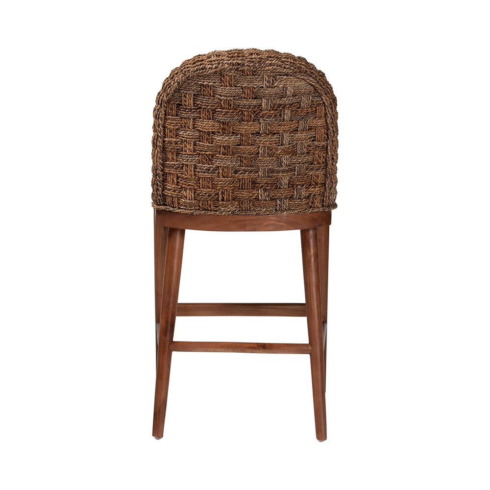 Denver Modern Bohemian Walnut Brown Finished Acacia Wood and Seagrass Counter Stool