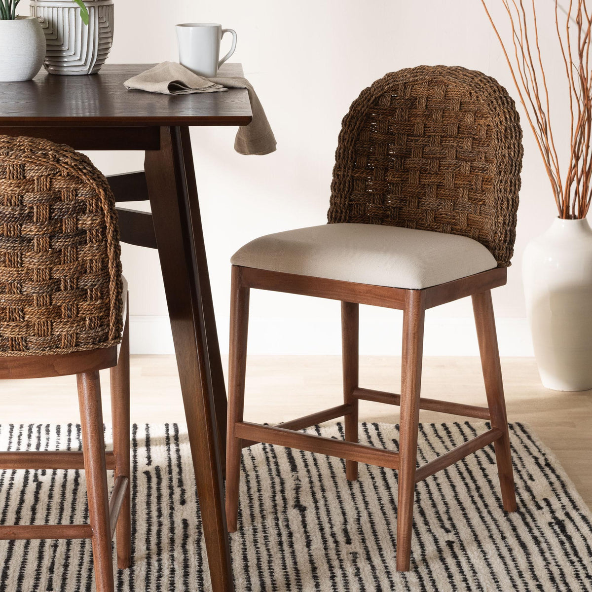 Denver Modern Bohemian Walnut Brown Finished Acacia Wood and Seagrass Counter Stool