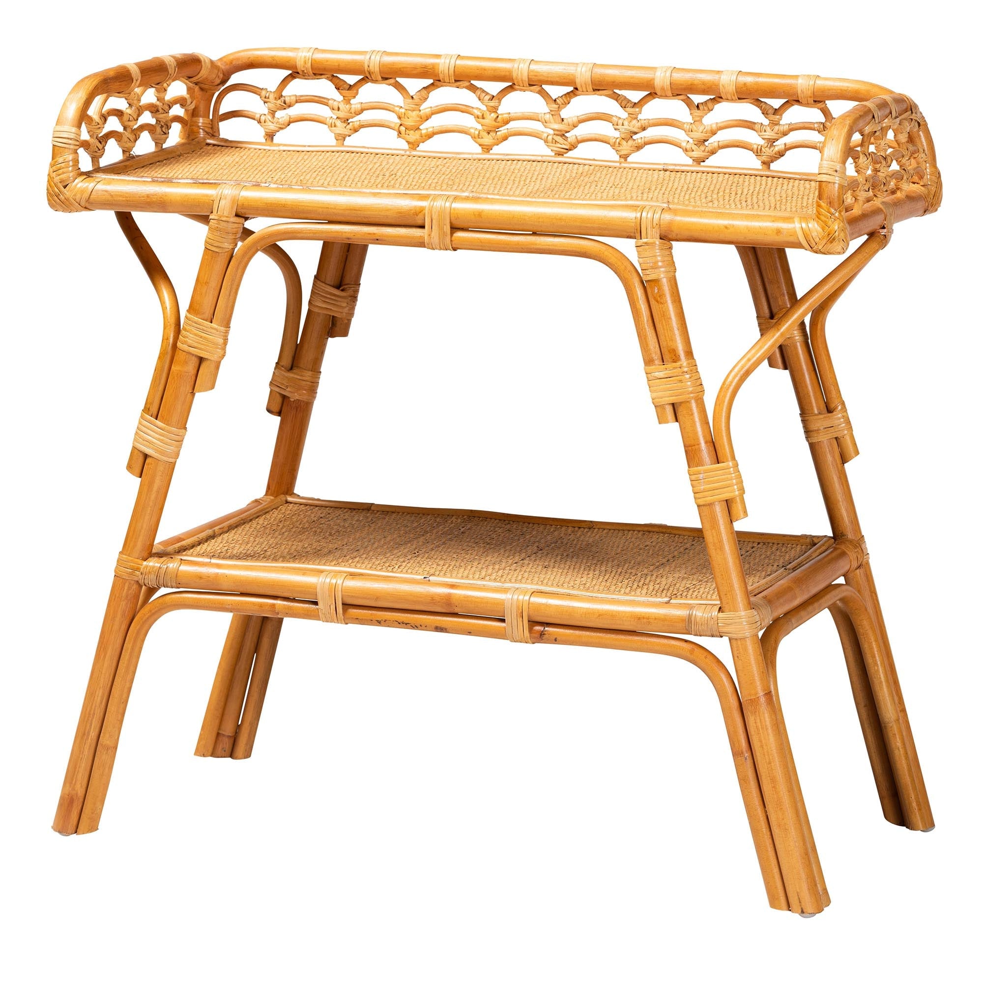 Nayana Modern Bohemian Natural Rattan 2-Tier Console Table