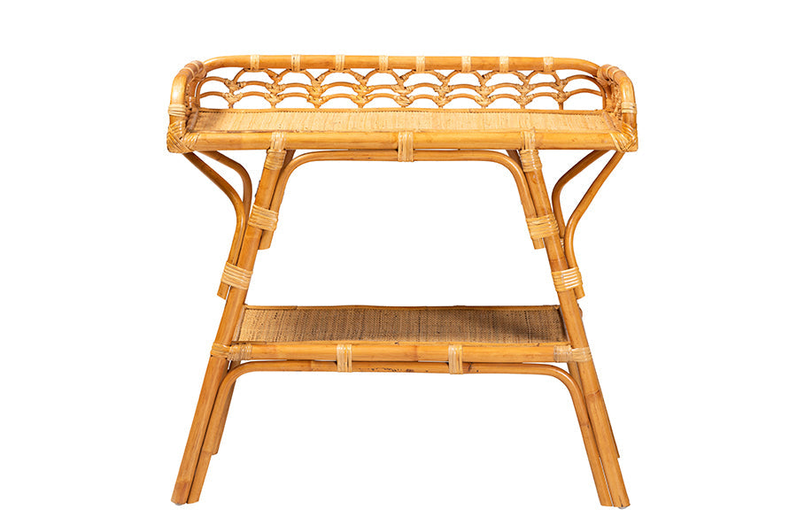 Nayana Modern Bohemian Natural Rattan 2-Tier Console Table