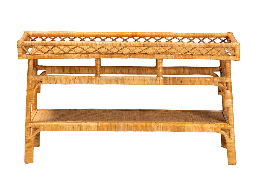 Savitri Modern Bohemian Natural Rattan 2-Tier Console Table