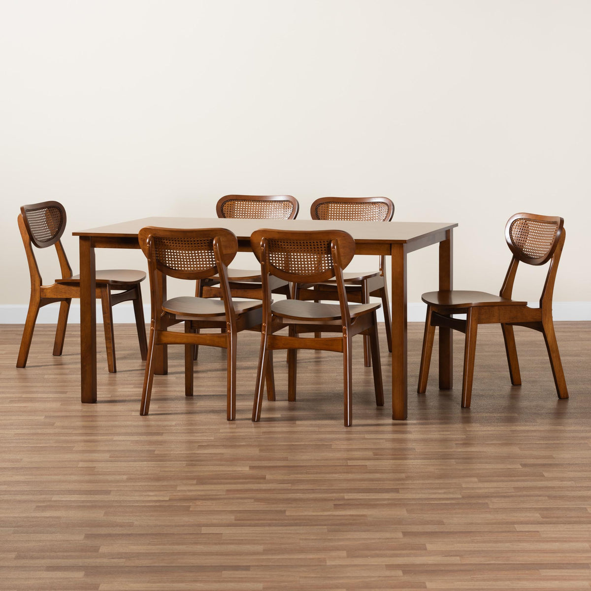 Jeriah Mid-Century Modern Walnut Brown Finished Wood and Woven Rattan 7-Piece Dining Set