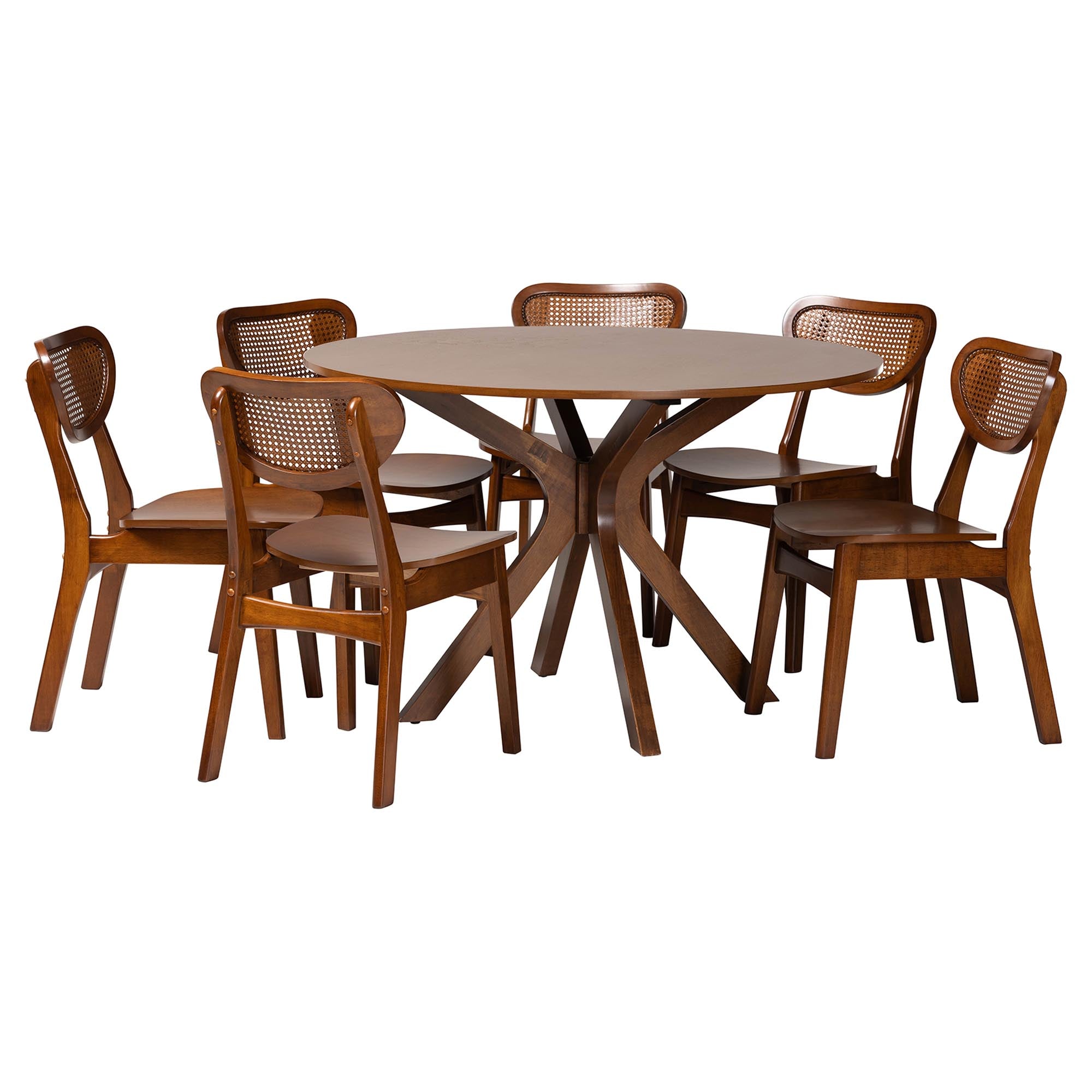 Giuliana Mid-Century Modern Walnut Brown Finished Wood and Woven Rattan 7-Piece Dining Set