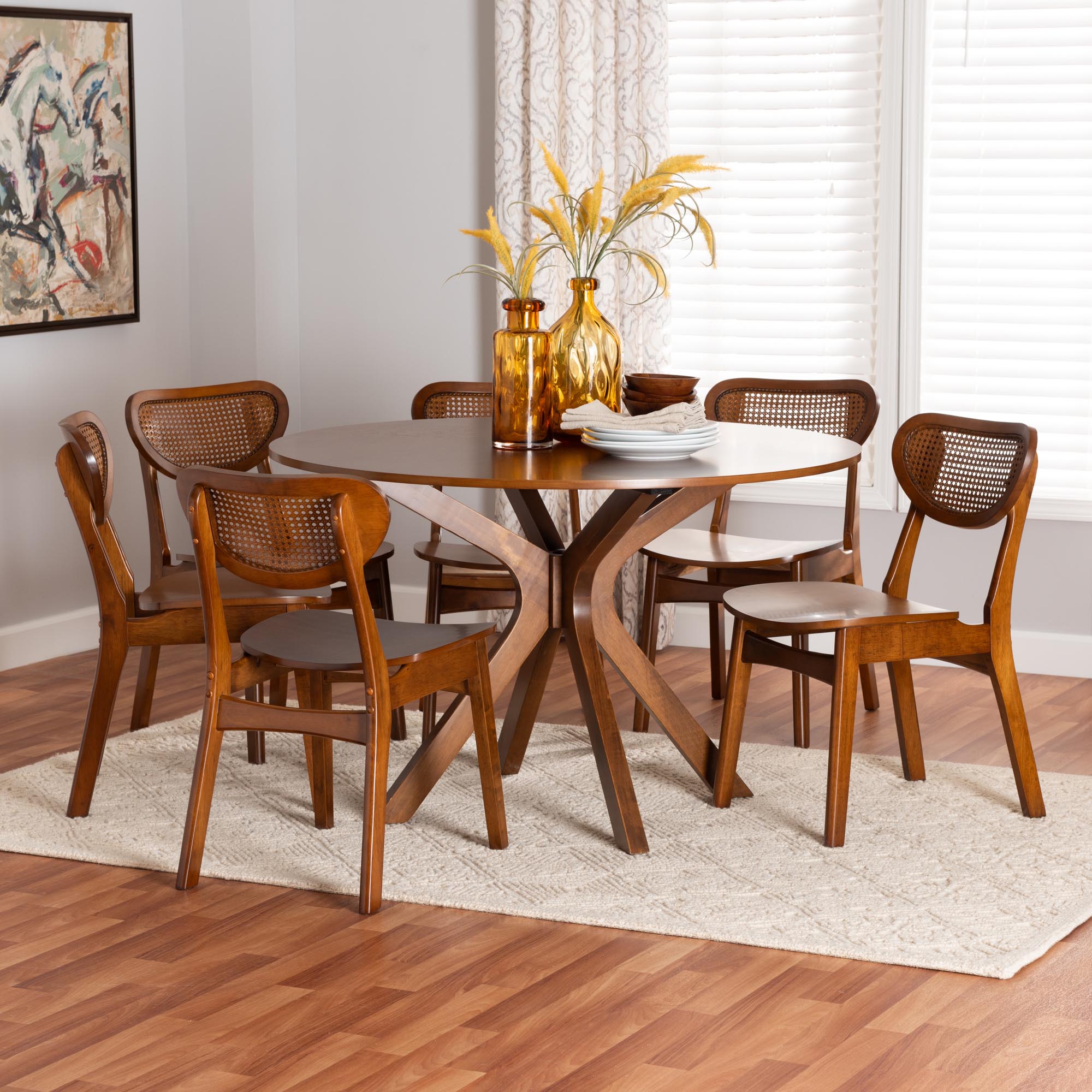 Giuliana Mid-Century Modern Walnut Brown Finished Wood and Woven Rattan 7-Piece Dining Set