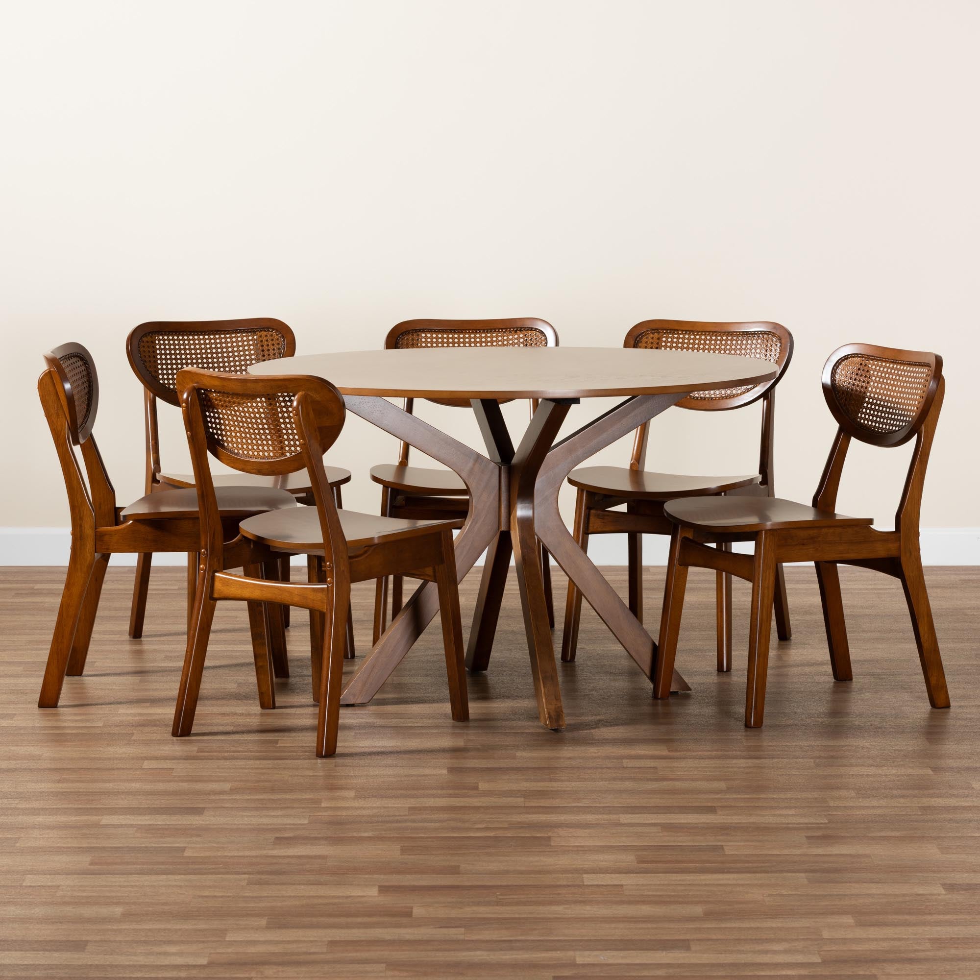 Giuliana Mid-Century Modern Walnut Brown Finished Wood and Woven Rattan 7-Piece Dining Set