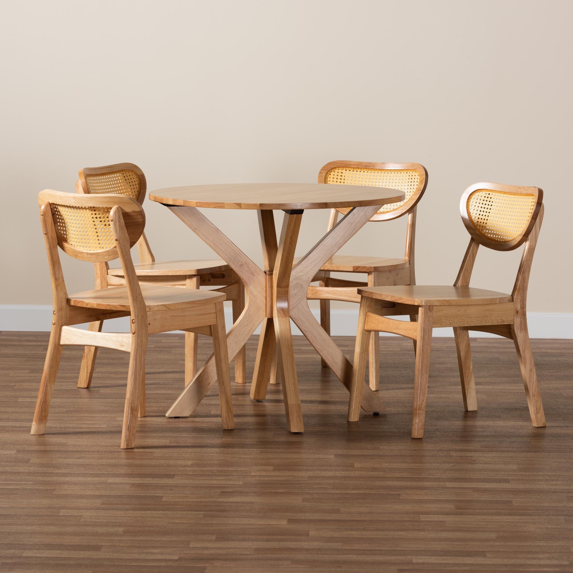 Donato Mid-Century Modern Oak Brown Finished Wood and Rattan 5-Piece Dining Set