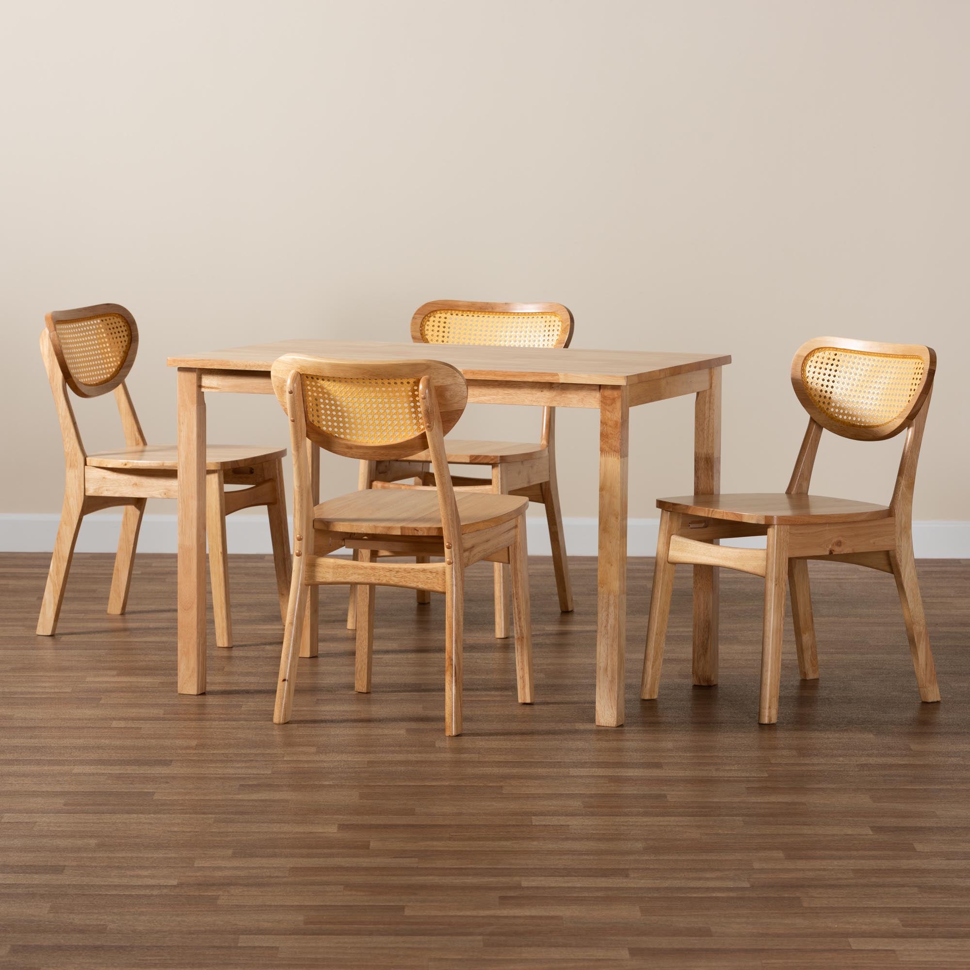 Haviland Mid-Century Modern Oak Brown Finished Wood and Rattan 5-Piece Dining Set