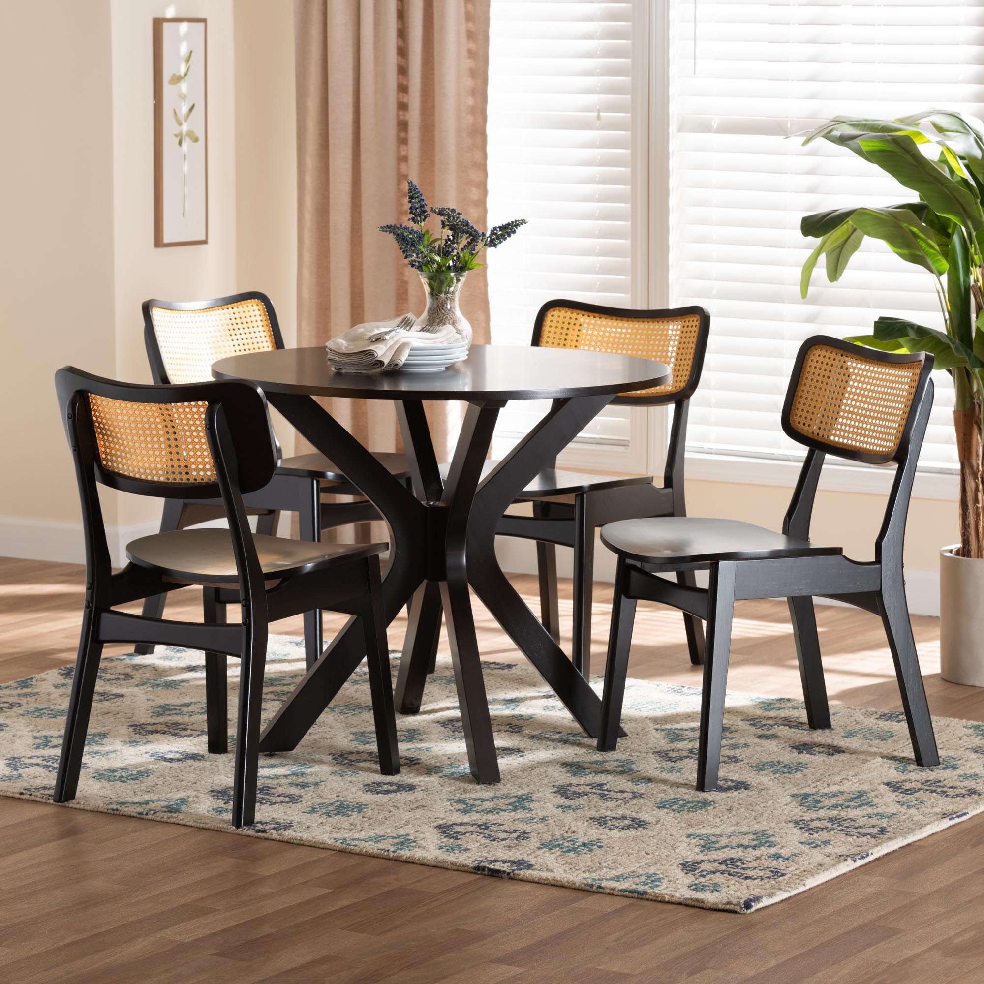 Linnet Mid-Century Modern Dark Brown Finished Wood and Rattan 5-Piece Dining Set