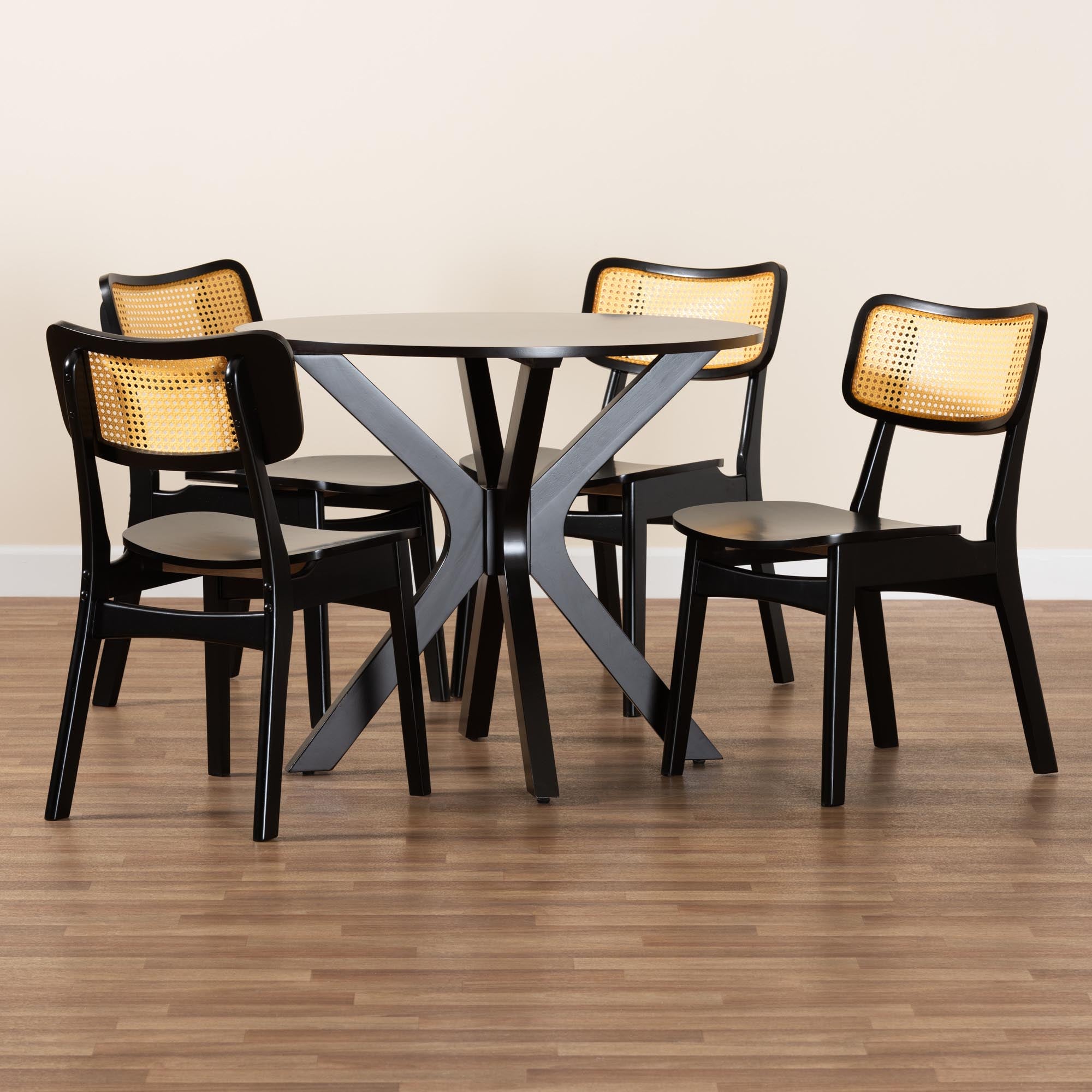 Linnet Mid-Century Modern Dark Brown Finished Wood and Rattan 5-Piece Dining Set