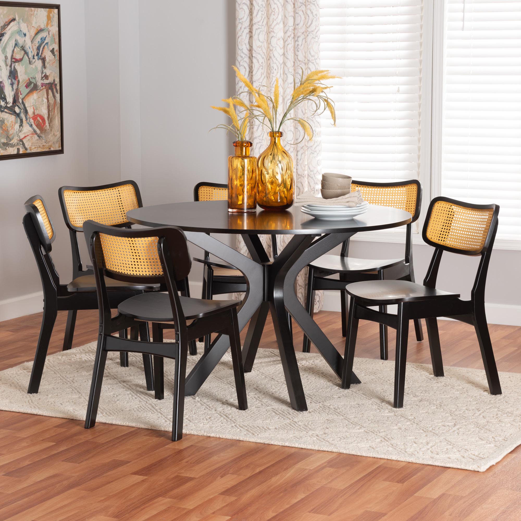 Linnet Mid-Century Modern Dark Brown Finished Wood and Rattan 7-Piece Dining Set