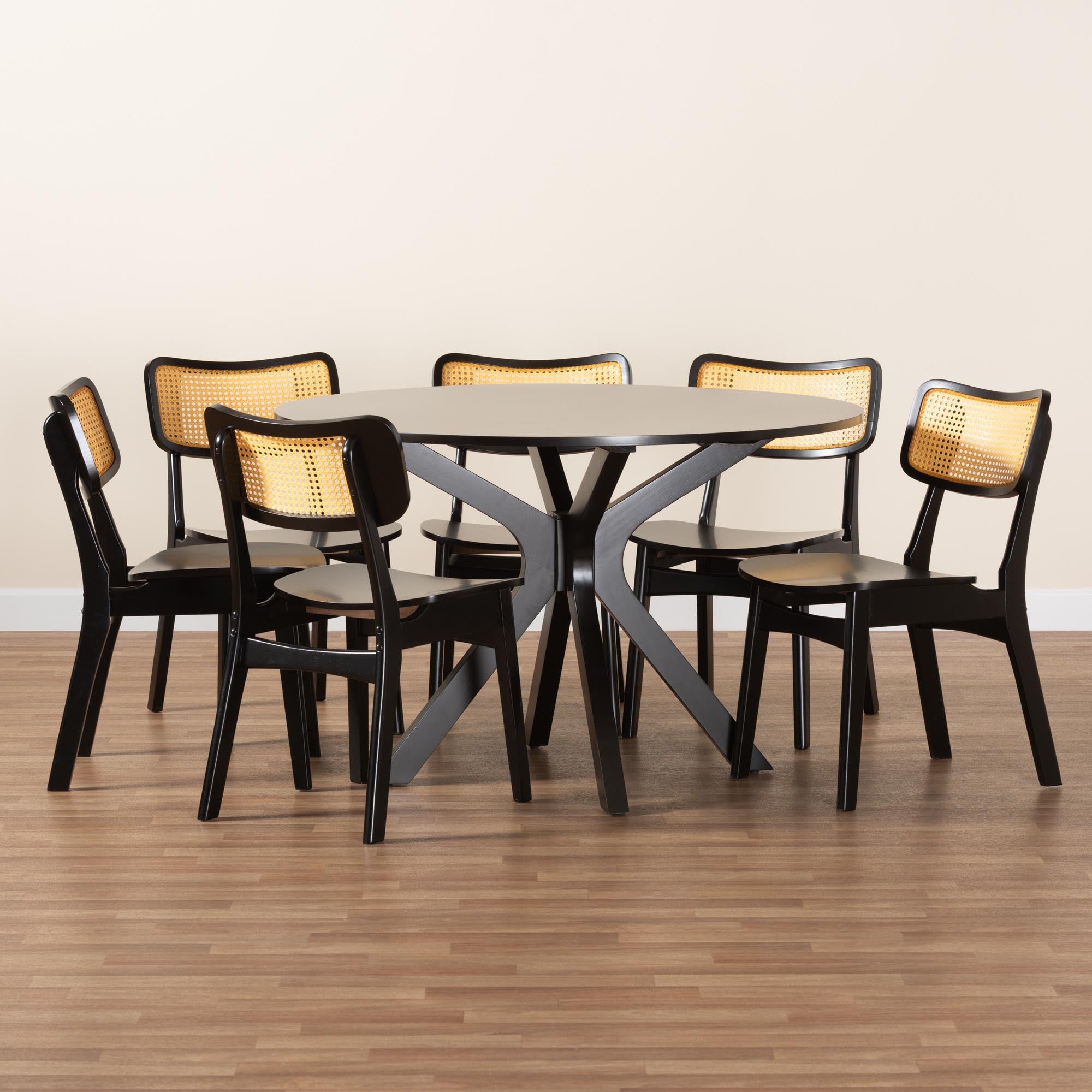 Linnet Mid-Century Modern Dark Brown Finished Wood and Rattan 7-Piece Dining Set