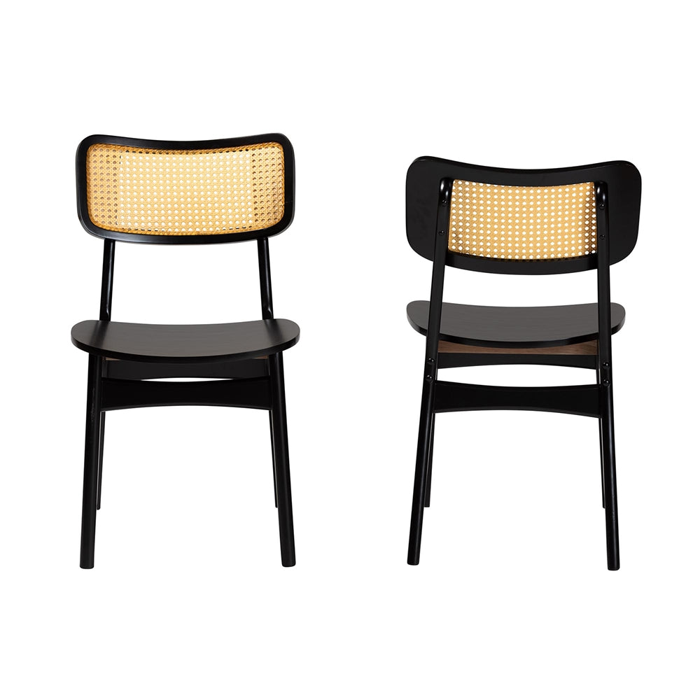 Tafari Mid-Century Modern Dark Brown Finished Wood and Rattan 2-Piece Dining Chair Set