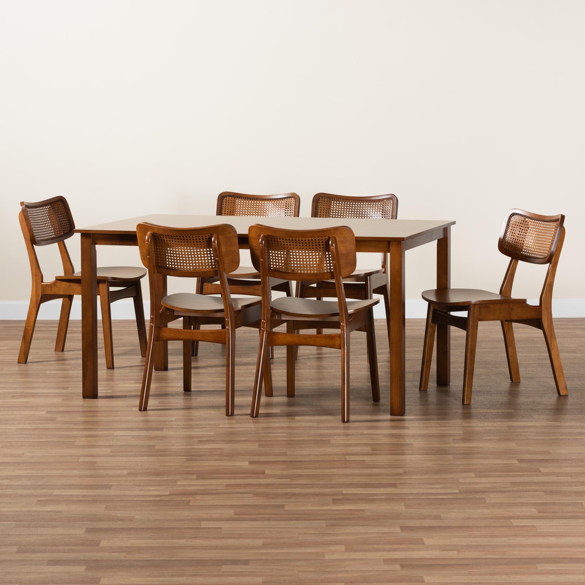 Estera Mid-Century Modern Walnut Brown Finished Wood and Rattan 7-Piece Dining Set