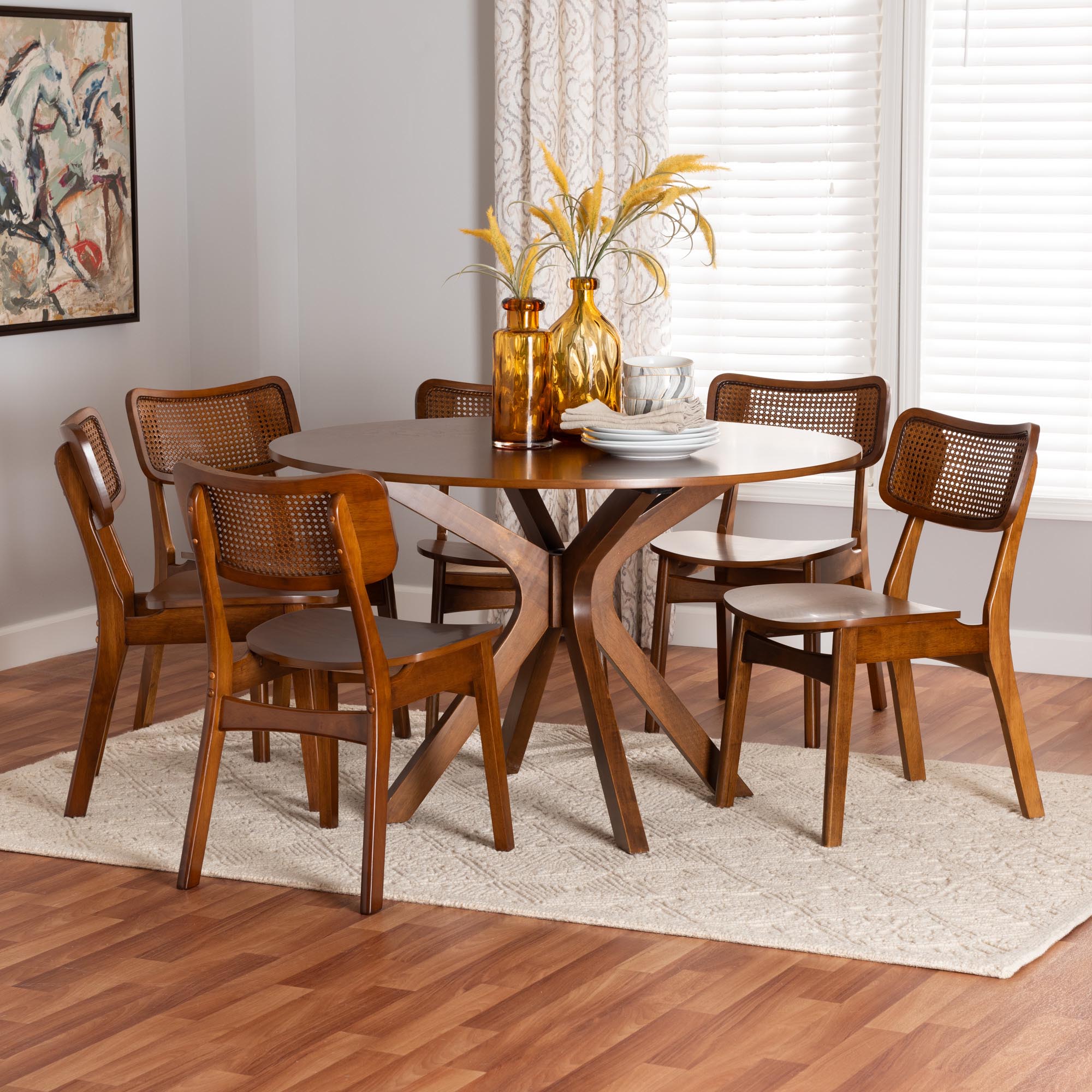 Linnet Mid-Century Modern Walnut Brown Finished Wood and Rattan 7-Piece Dining Set