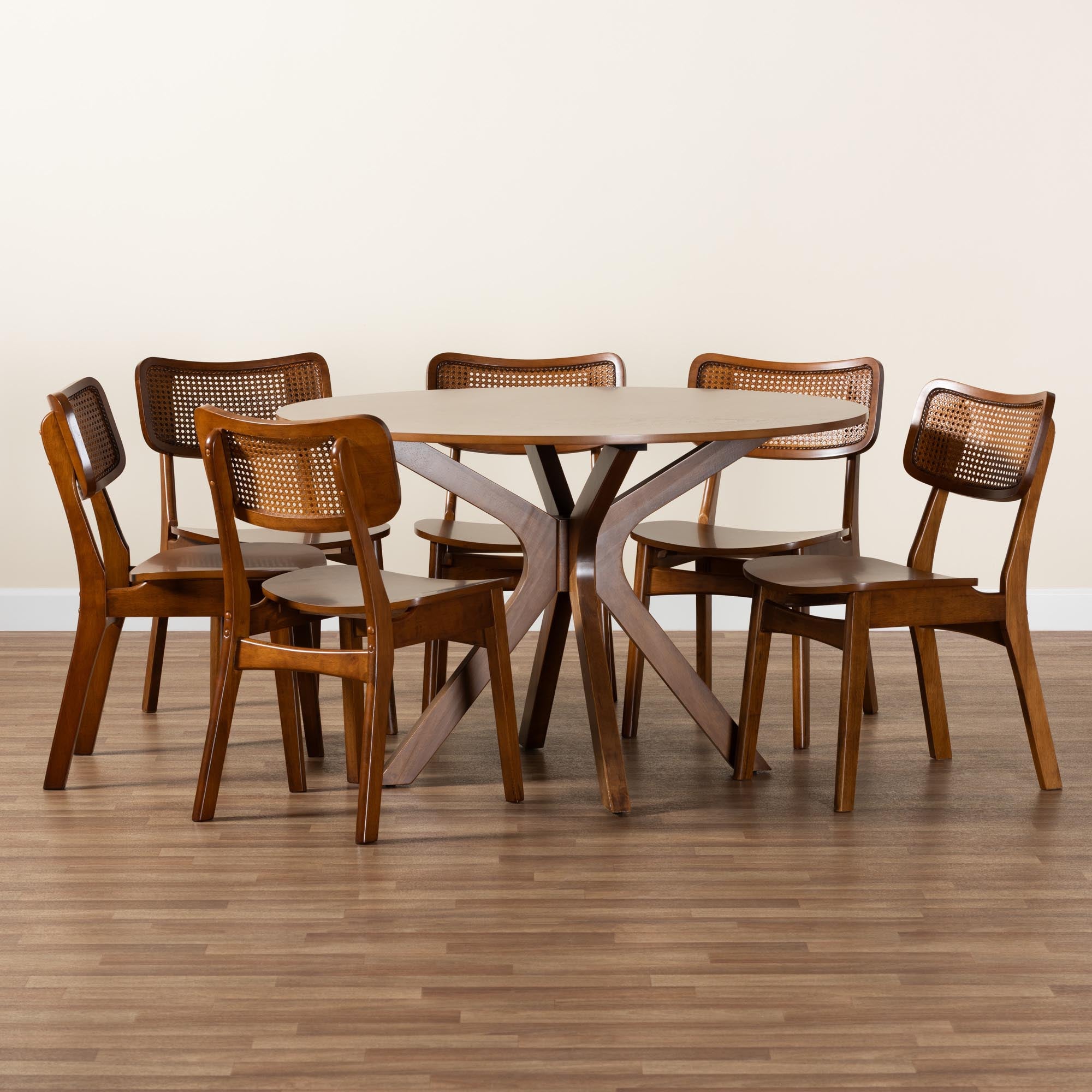 Linnet Mid-Century Modern Walnut Brown Finished Wood and Rattan 7-Piece Dining Set