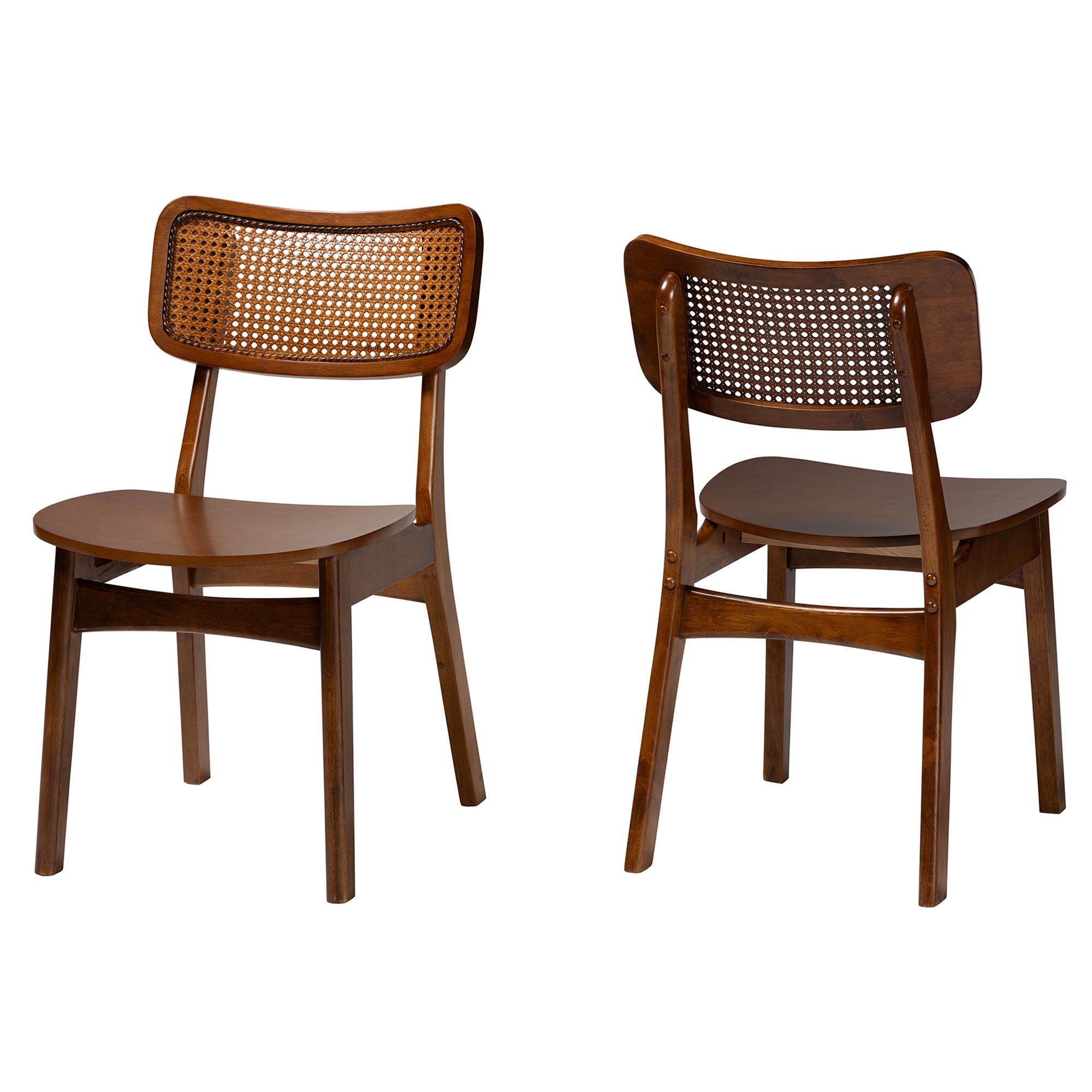 Tafari Mid-Century Modern Walnut Brown Finished Wood and Rattan 2-Piece Dining Chair Set