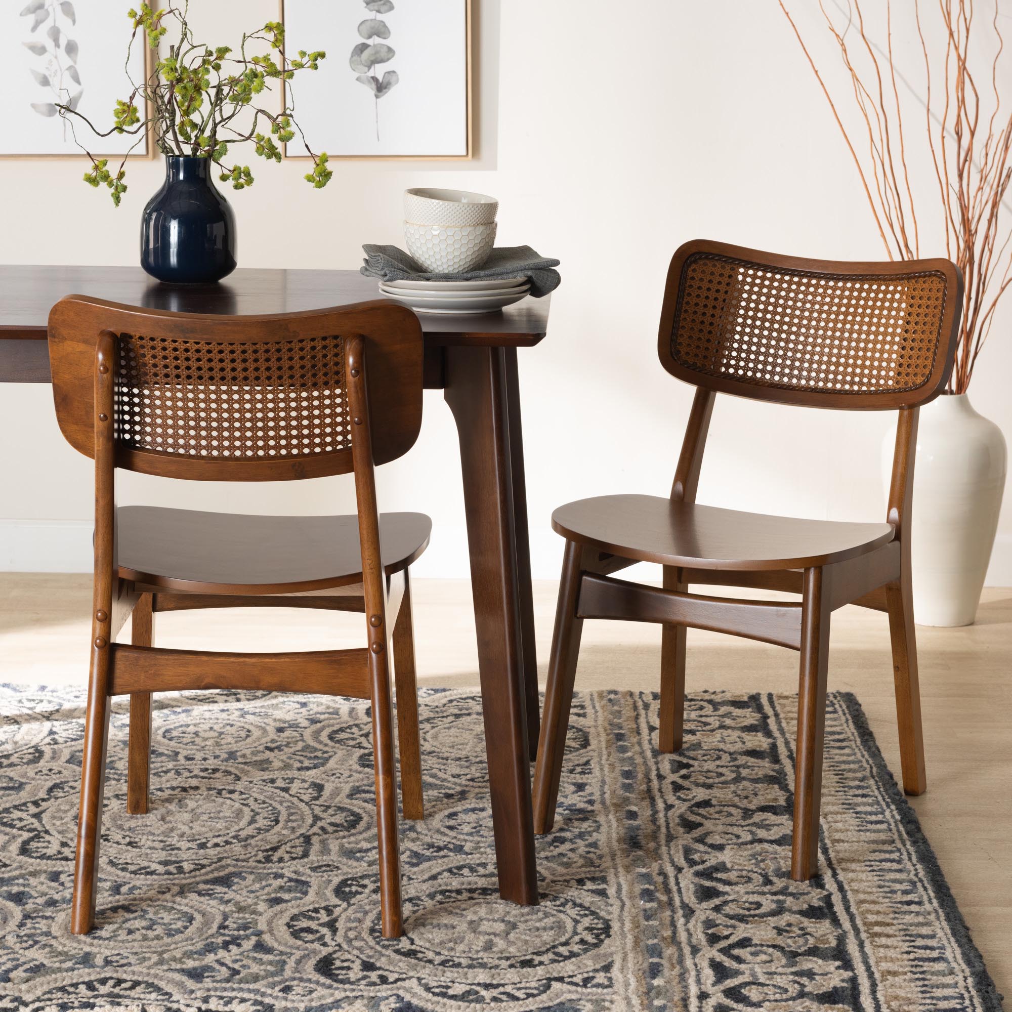 Tafari Mid-Century Modern Walnut Brown Finished Wood and Rattan 2-Piece Dining Chair Set