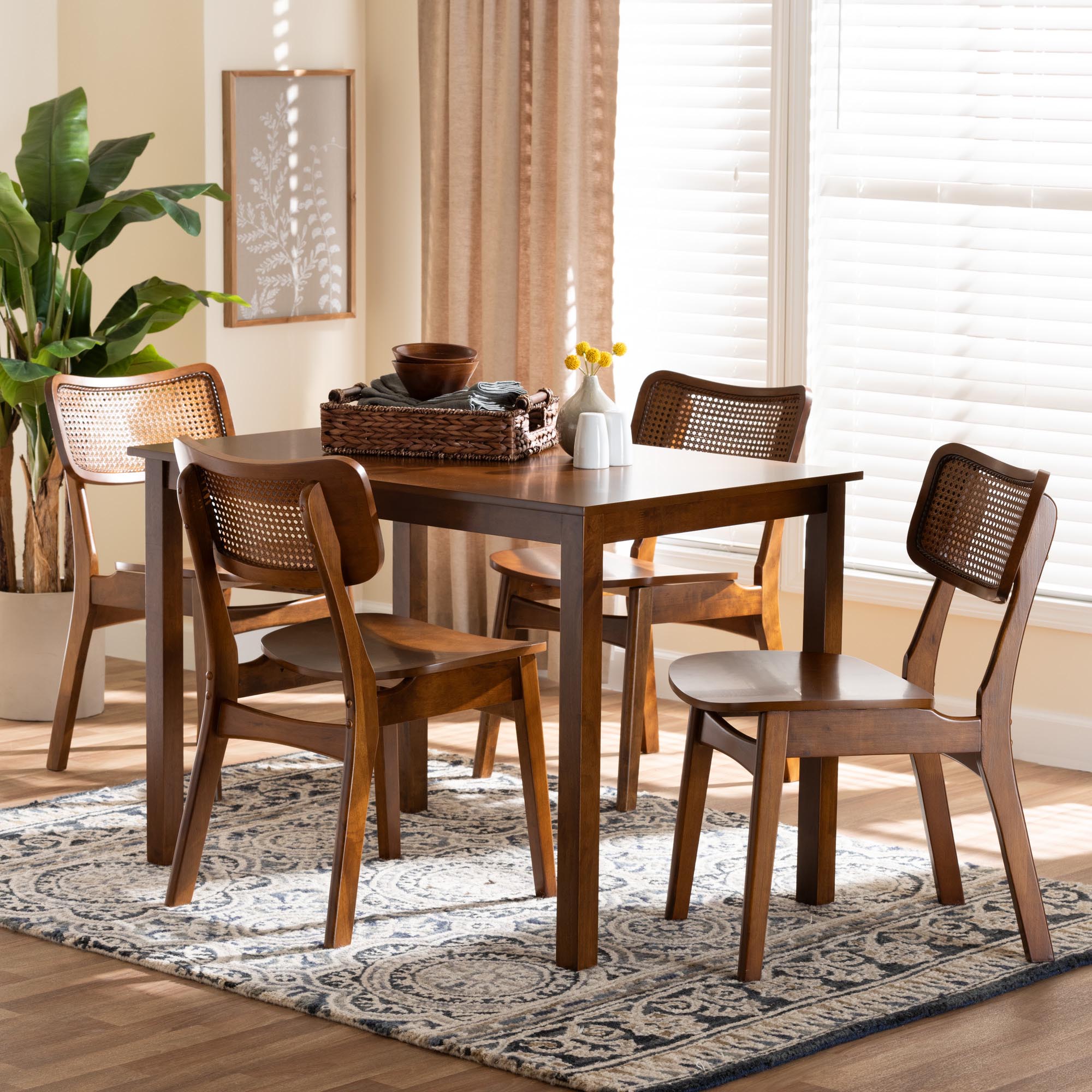 Estera Mid-Century Modern Walnut Brown Finished Wood and Rattan 5-Piece Dining Set