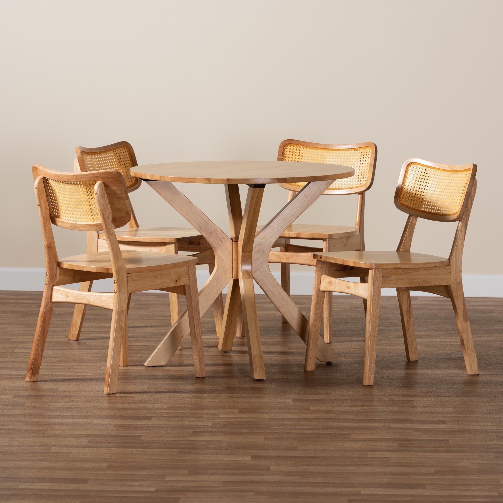 Camilo Mid-Century Modern Oak Brown Finished Wood and Rattan 5-Piece Dining Set