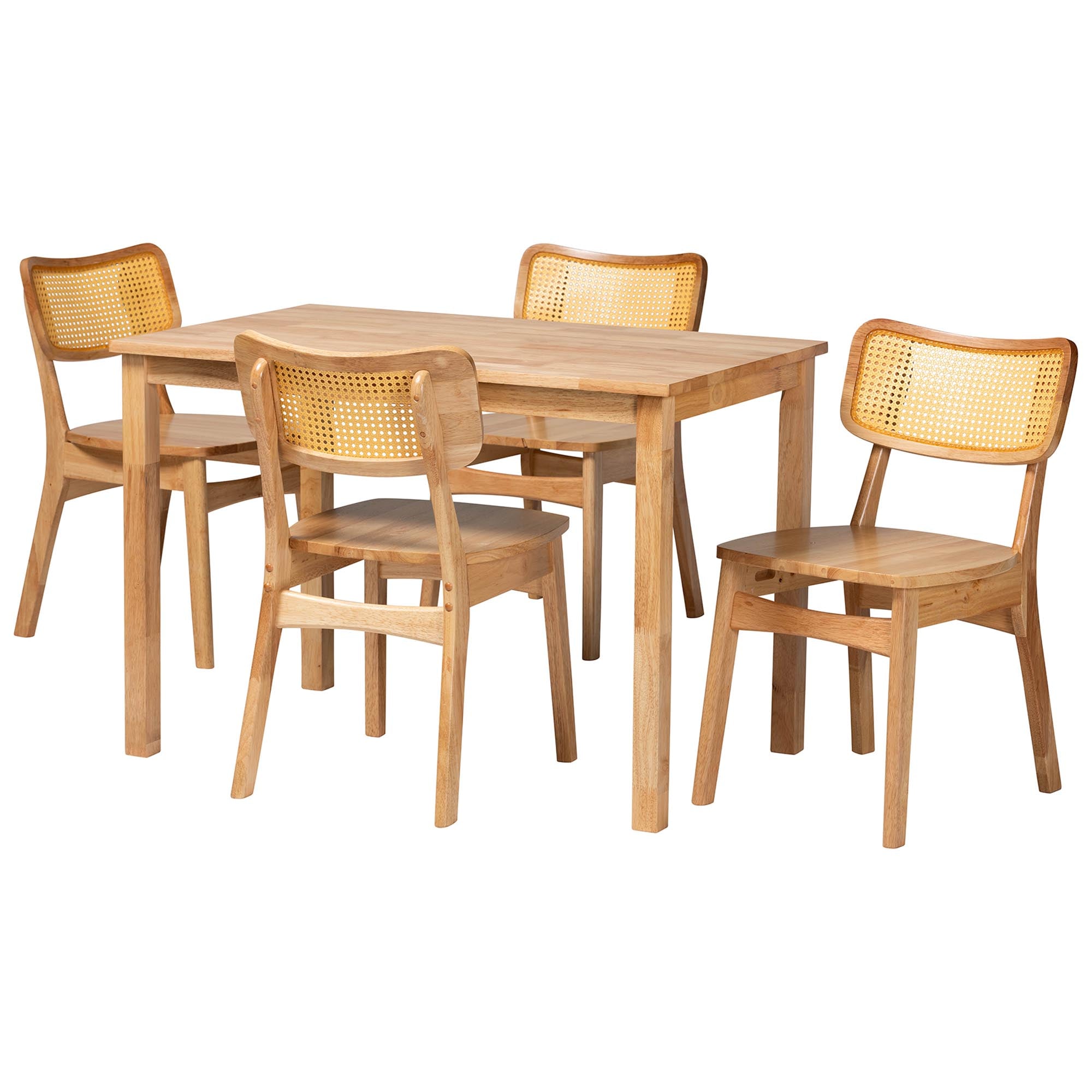 Dulcet Mid-Century Modern Oak Brown Finished Wood and Rattan 5-Piece Dining Set