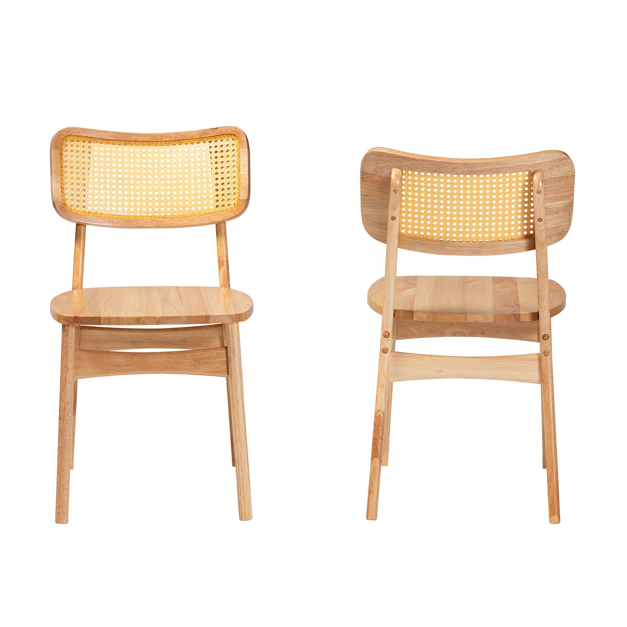 Tadeo Mid-Century Modern Oak Brown Finished Wood and Rattan 2-Piece Dining Chair Set