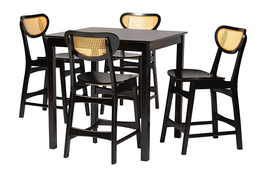 Hesper Mid-Century Modern Dark Brown Finished Wood and Rattan 5-Piece Pub Set