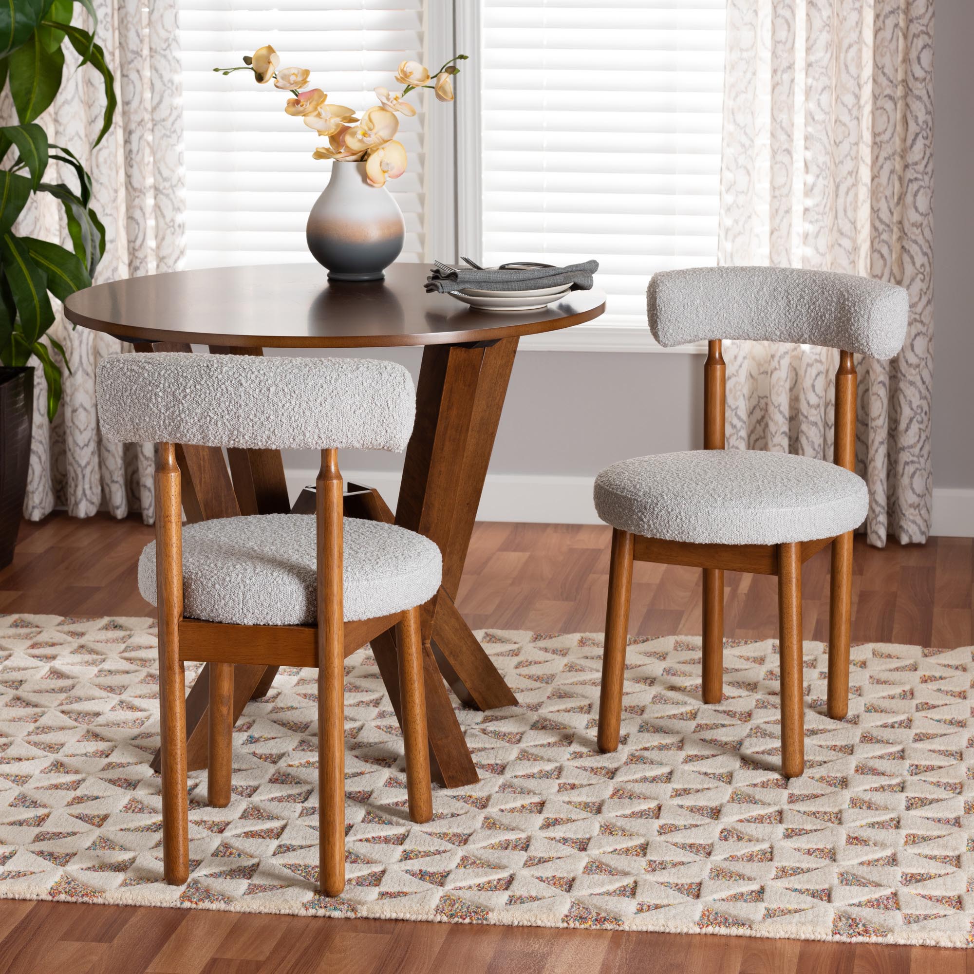 Edric Modern Japandi Light Grey Boucle Fabric and Walnut Brown Finished Wood 2-Piece Dining Chair Set