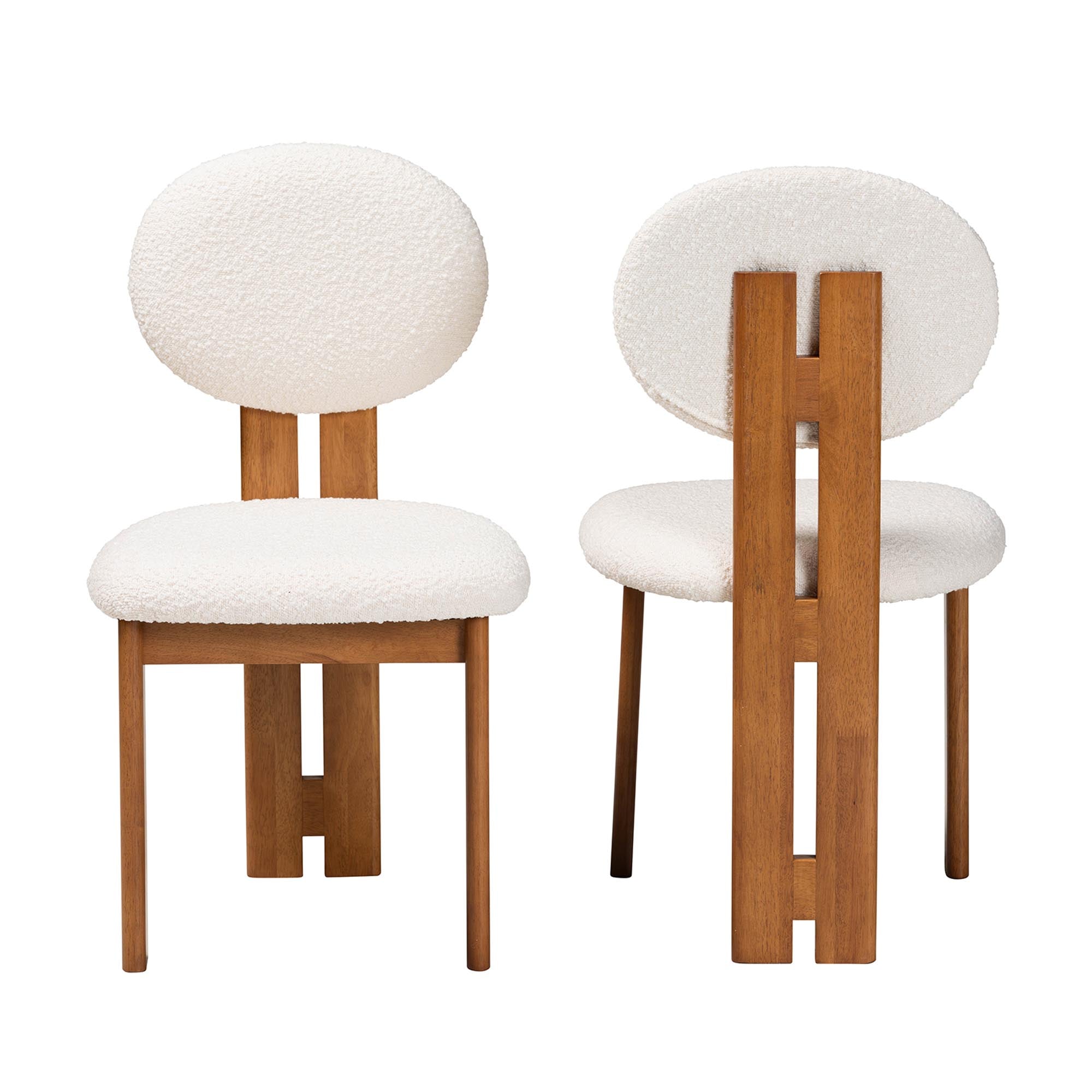 Kacela Modern Japandi Cream Boucle Fabric and Walnut Brown Finished Wood 2-Piece Dining Chair Set