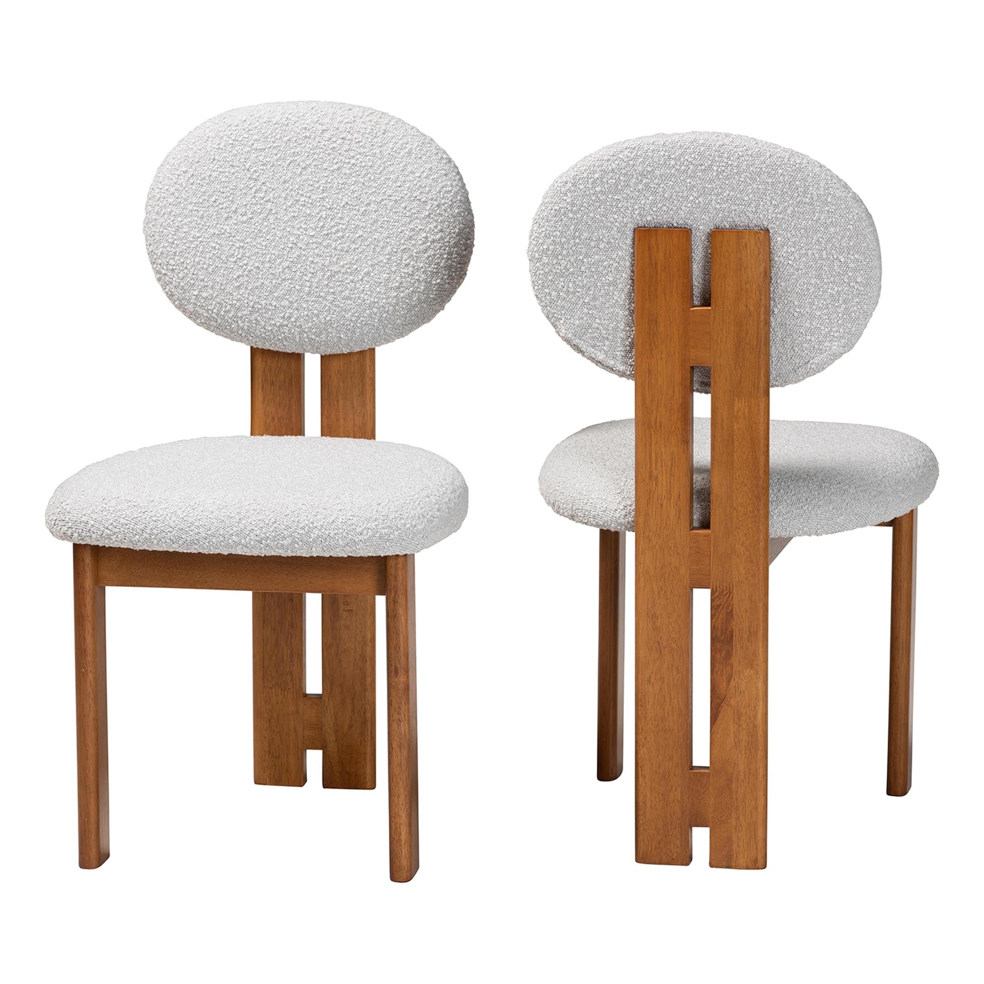 Kacela Modern Japandi Light Grey Boucle Fabric and Walnut Brown Finished Wood 2-Piece Dining Chair Set