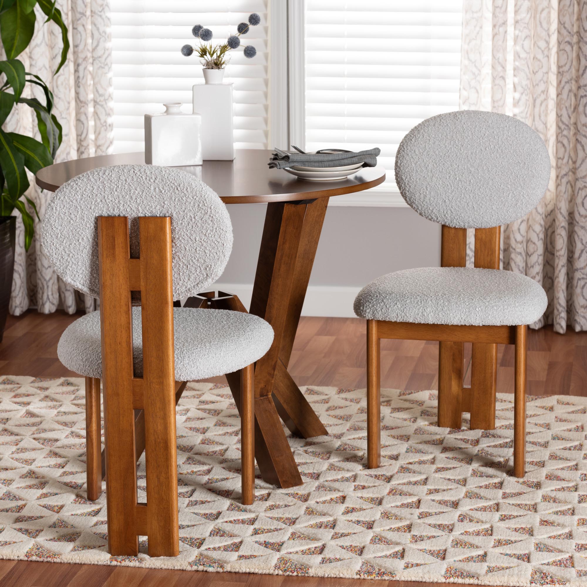 Kacela Modern Japandi Light Grey Boucle Fabric and Walnut Brown Finished Wood 2-Piece Dining Chair Set
