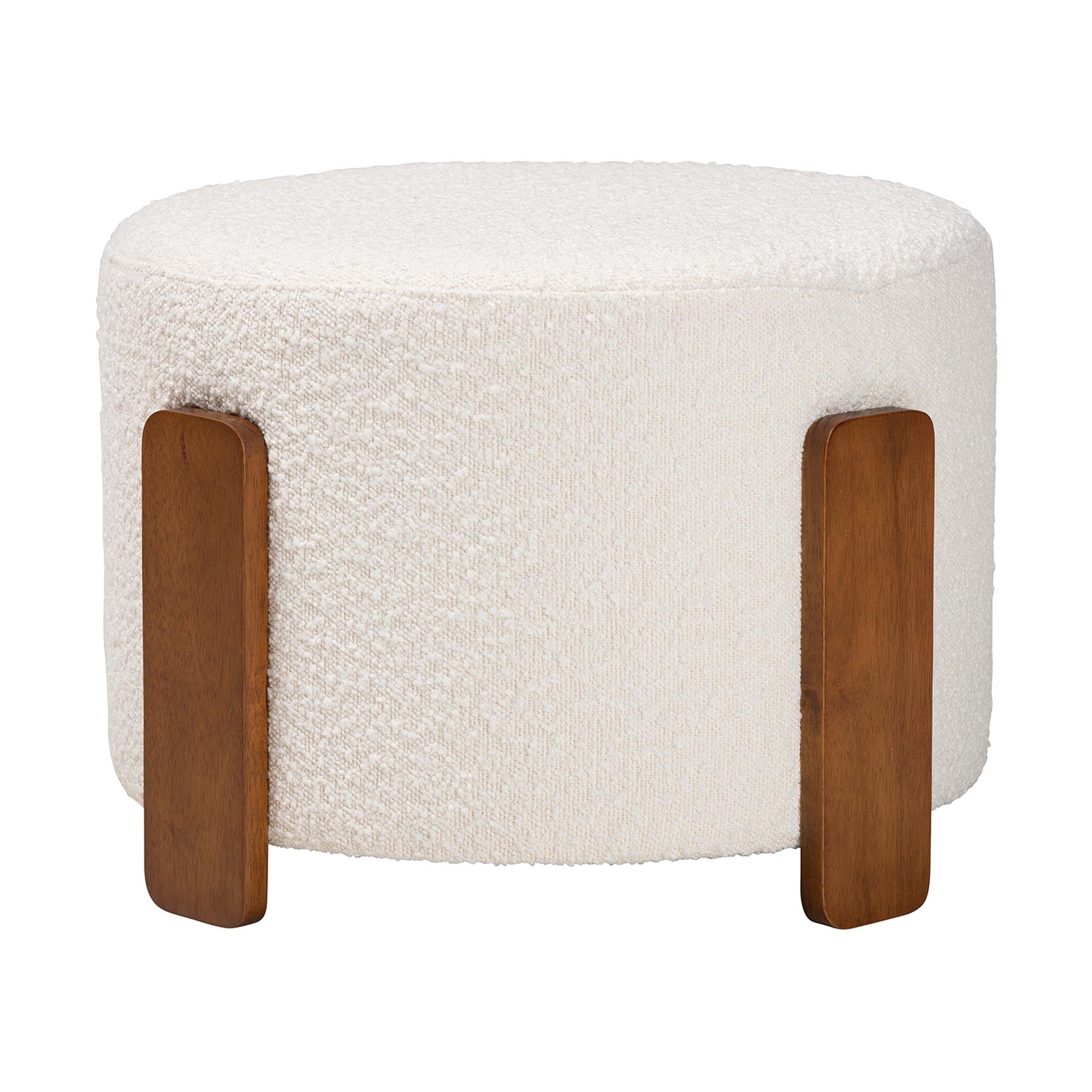 Finlay Modern Japandi Cream Boucle Fabric and Walnut Brown Finished Wood Ottoman Footstool