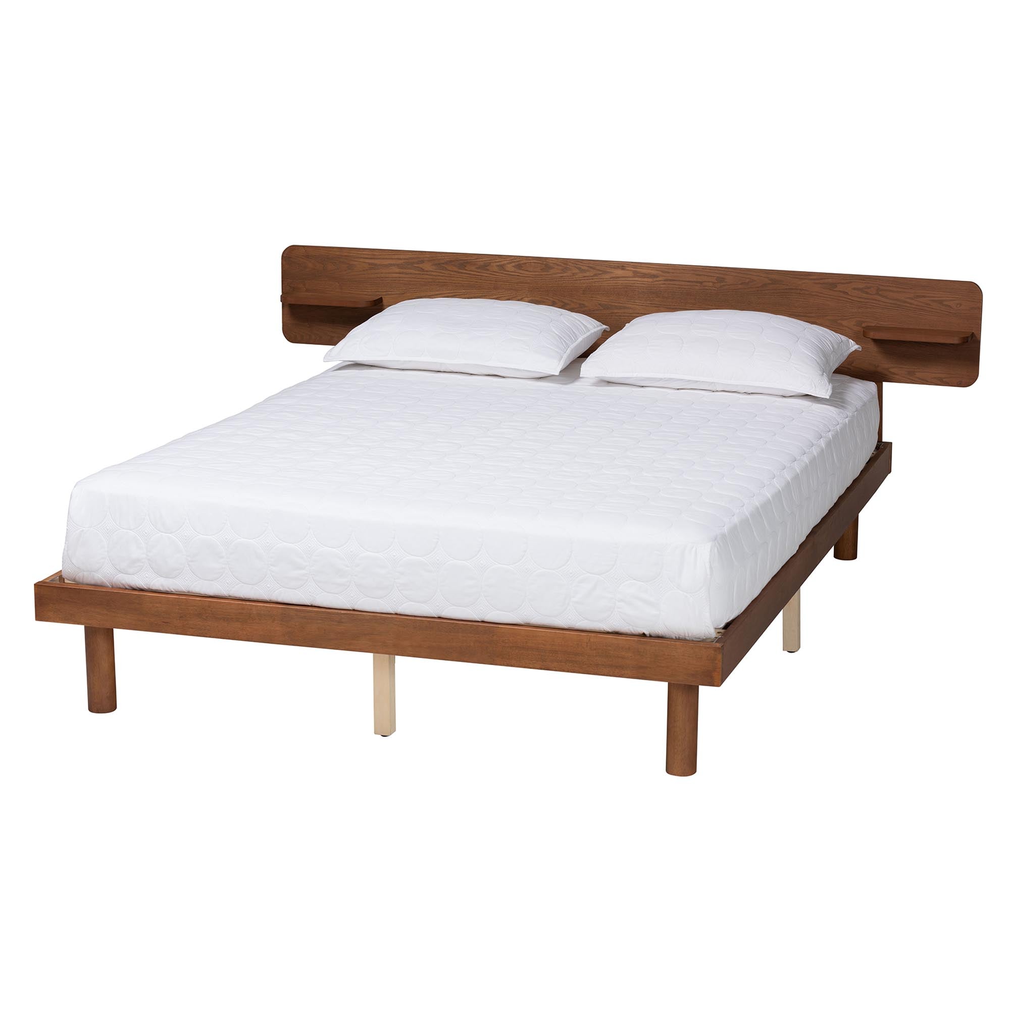 Lancashire Queen Size Platform Bed – Mid-Century Walnut Brown Wood with Built-In Shelf