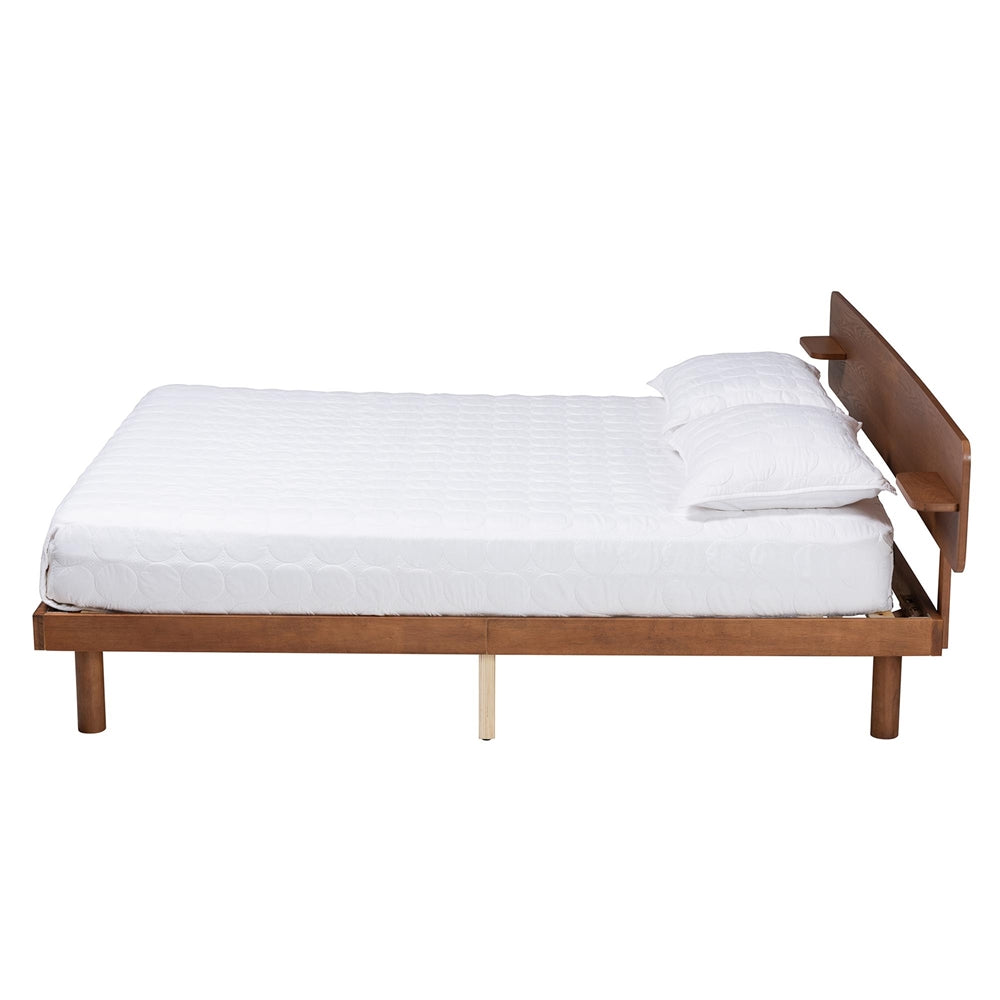 Lancashire Queen Size Platform Bed – Mid-Century Walnut Brown Wood with Built-In Shelf