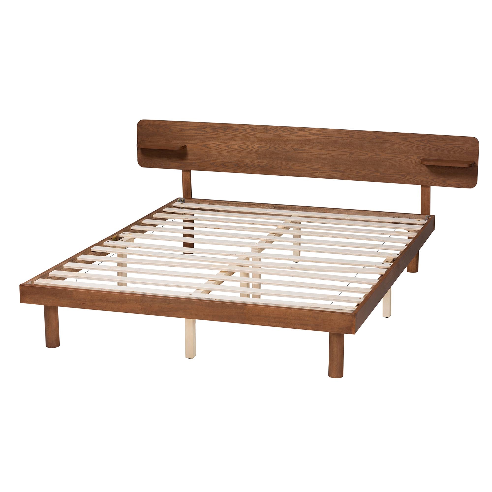 Lancashire Queen Size Platform Bed – Mid-Century Walnut Brown Wood with Built-In Shelf