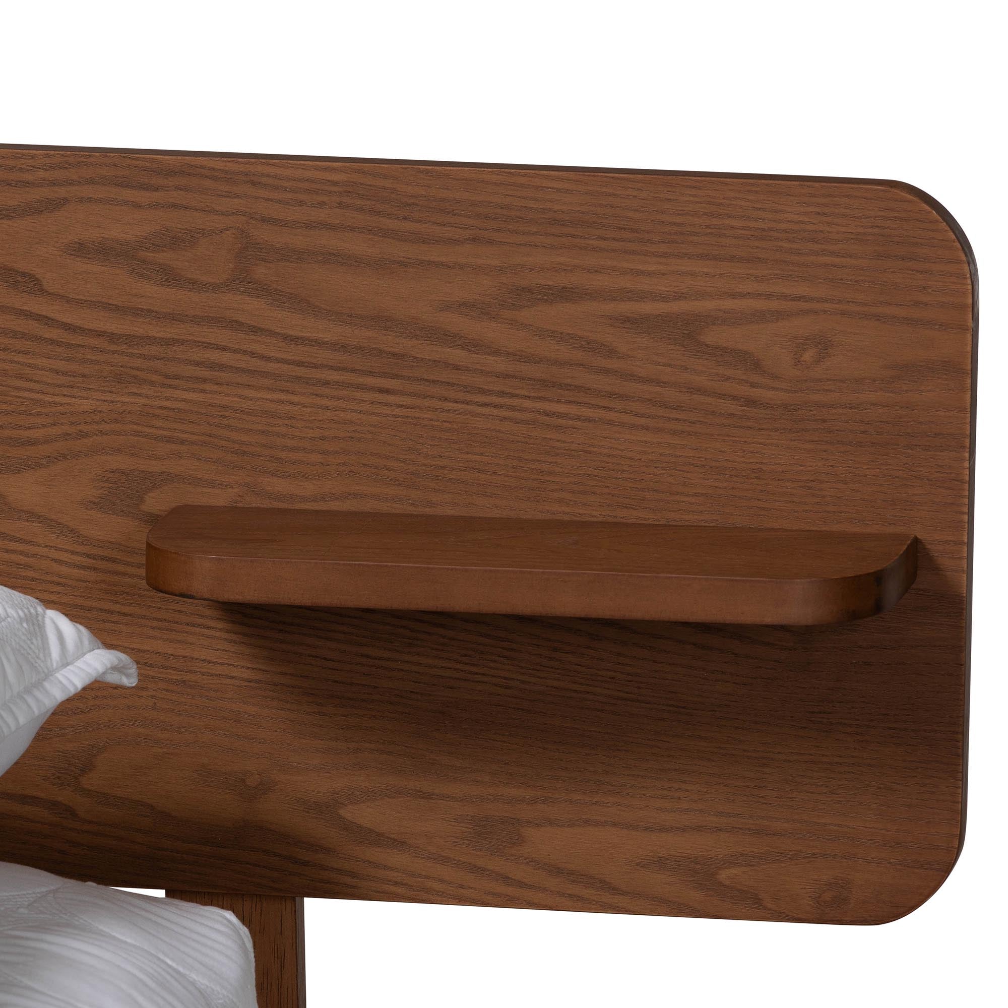 Lancashire Queen Size Platform Bed – Mid-Century Walnut Brown Wood with Built-In Shelf