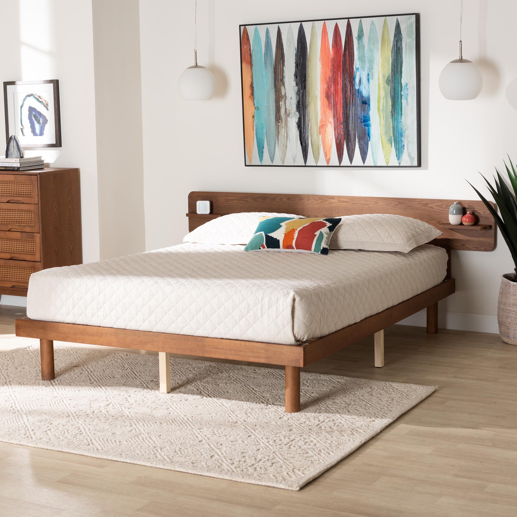Lancashire Queen Size Platform Bed – Mid-Century Walnut Brown Wood with Built-In Shelf