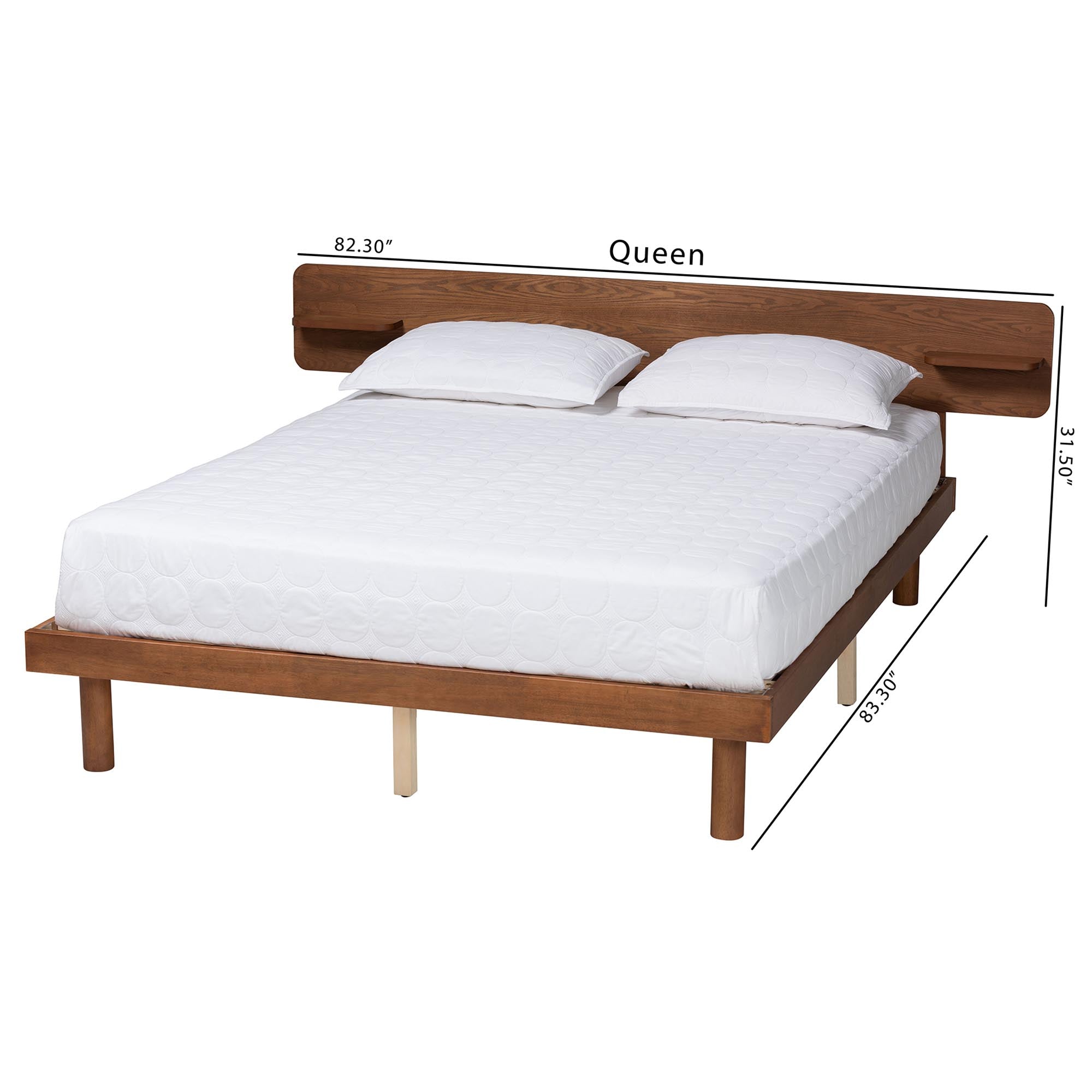 Lancashire Queen Size Platform Bed – Mid-Century Walnut Brown Wood with Built-In Shelf