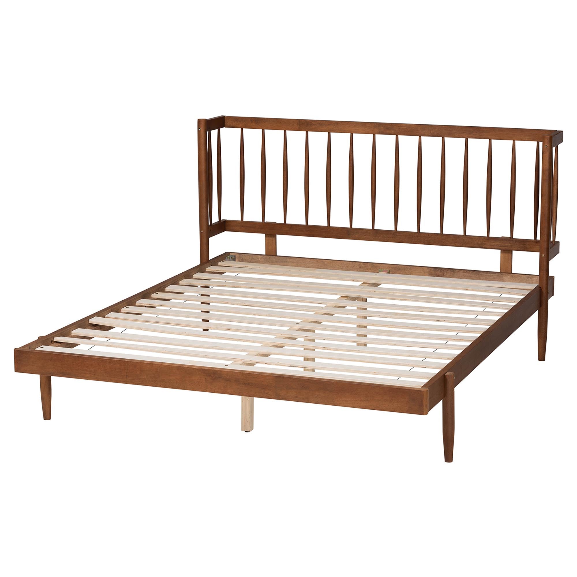 Ramiro Queen Size Platform Bed – Walnut Brown Mid-Century Spindle Style