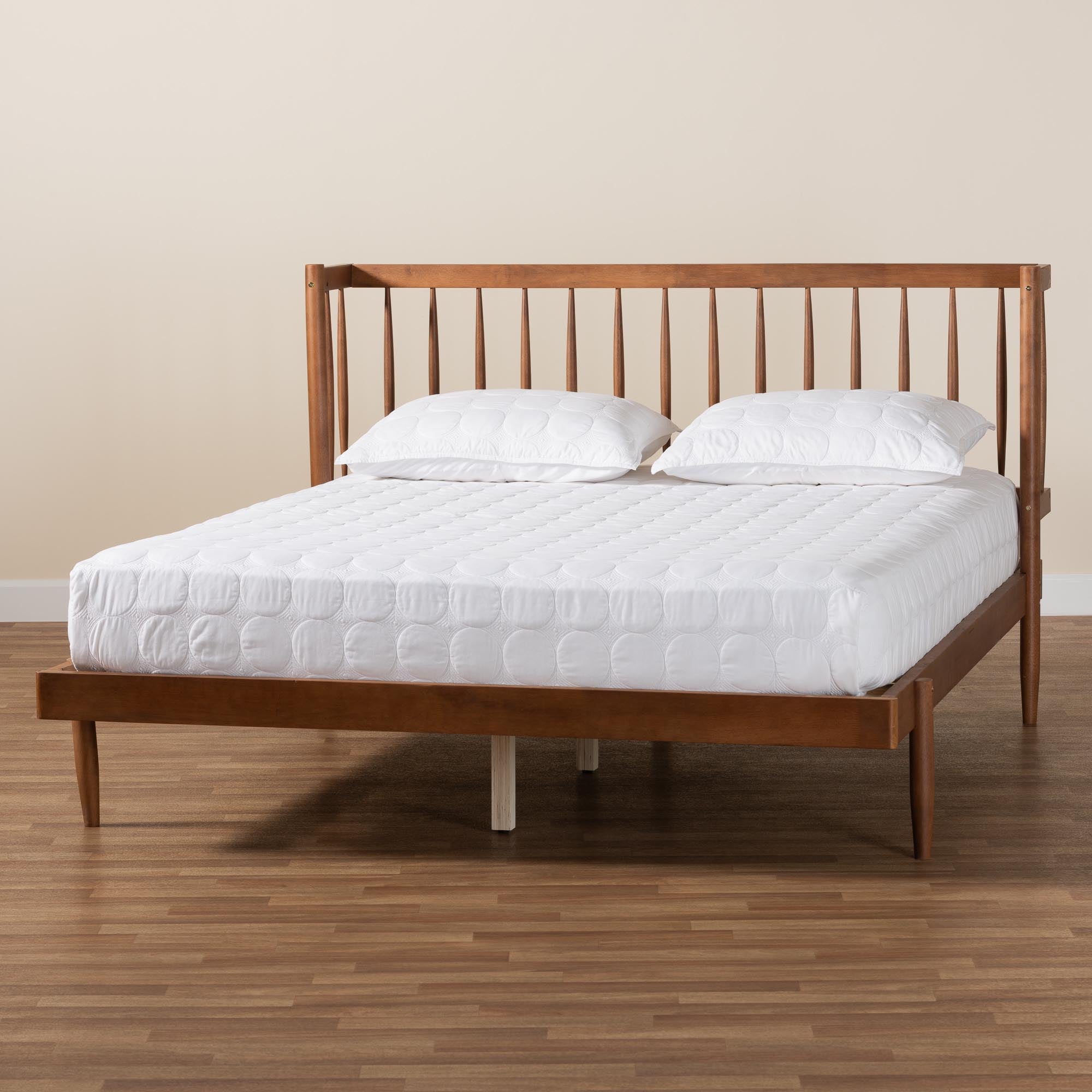 Ramiro Queen Size Platform Bed – Walnut Brown Mid-Century Spindle Style