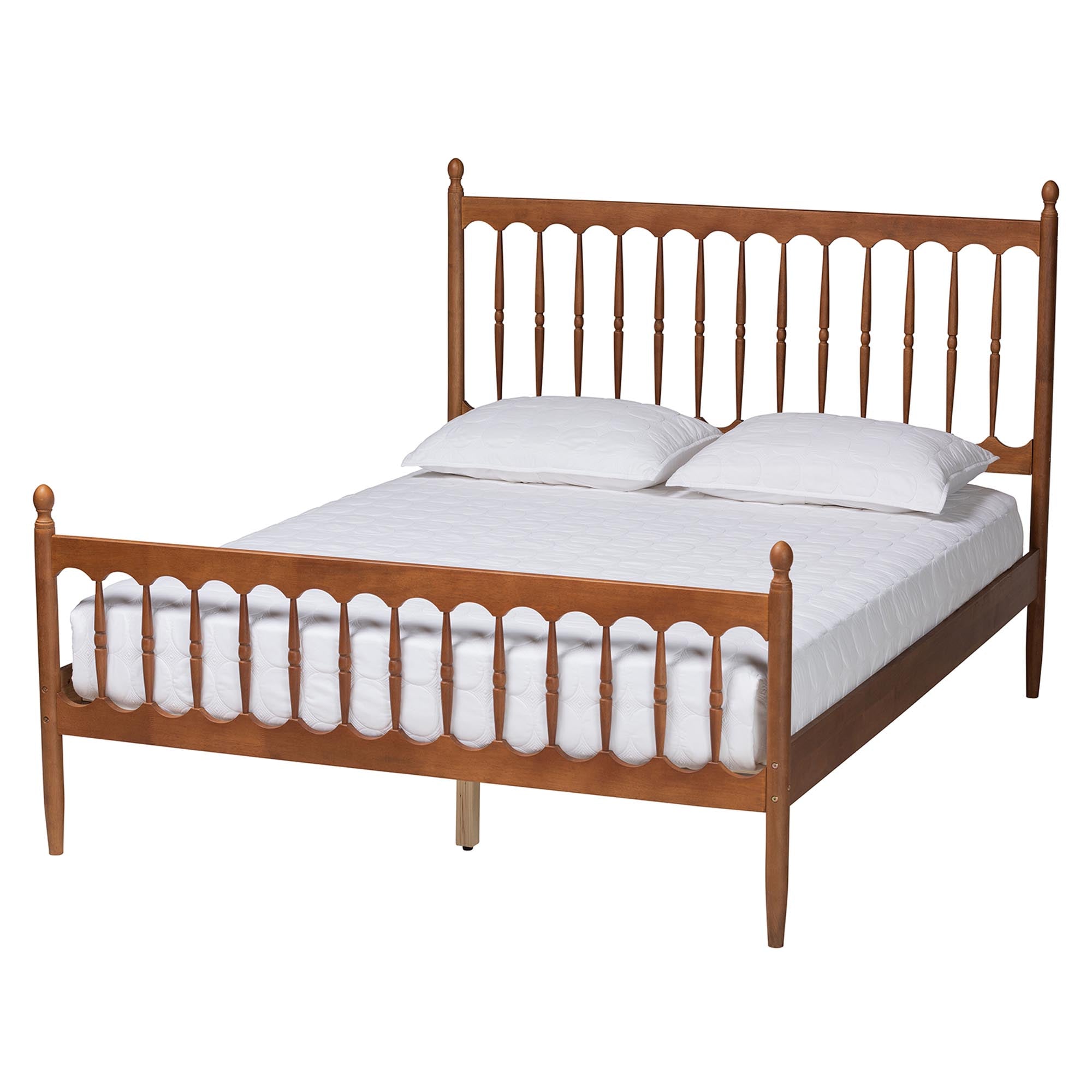 Aquamarine Queen Retro-Modern Platform Bed – Walnut Brown Spindle Design