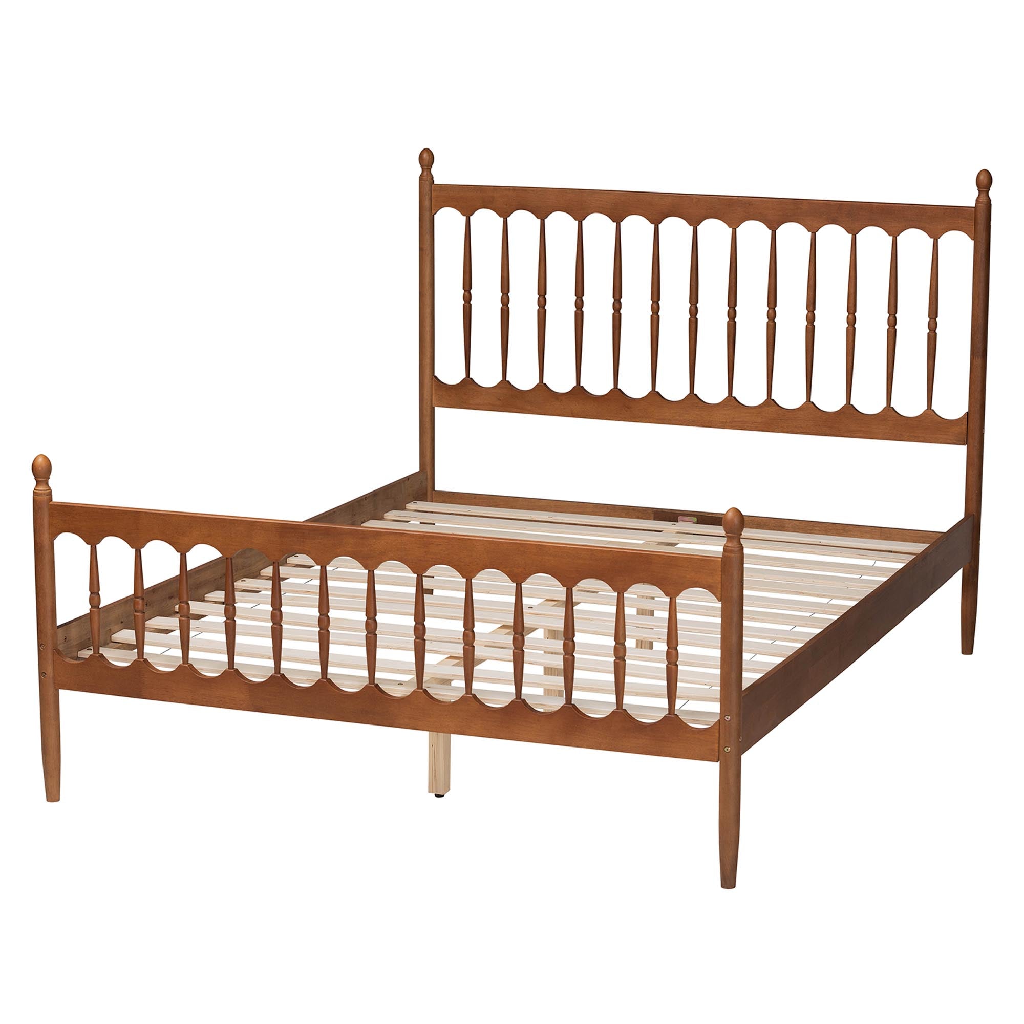 Aquamarine Queen Retro-Modern Platform Bed – Walnut Brown Spindle Design