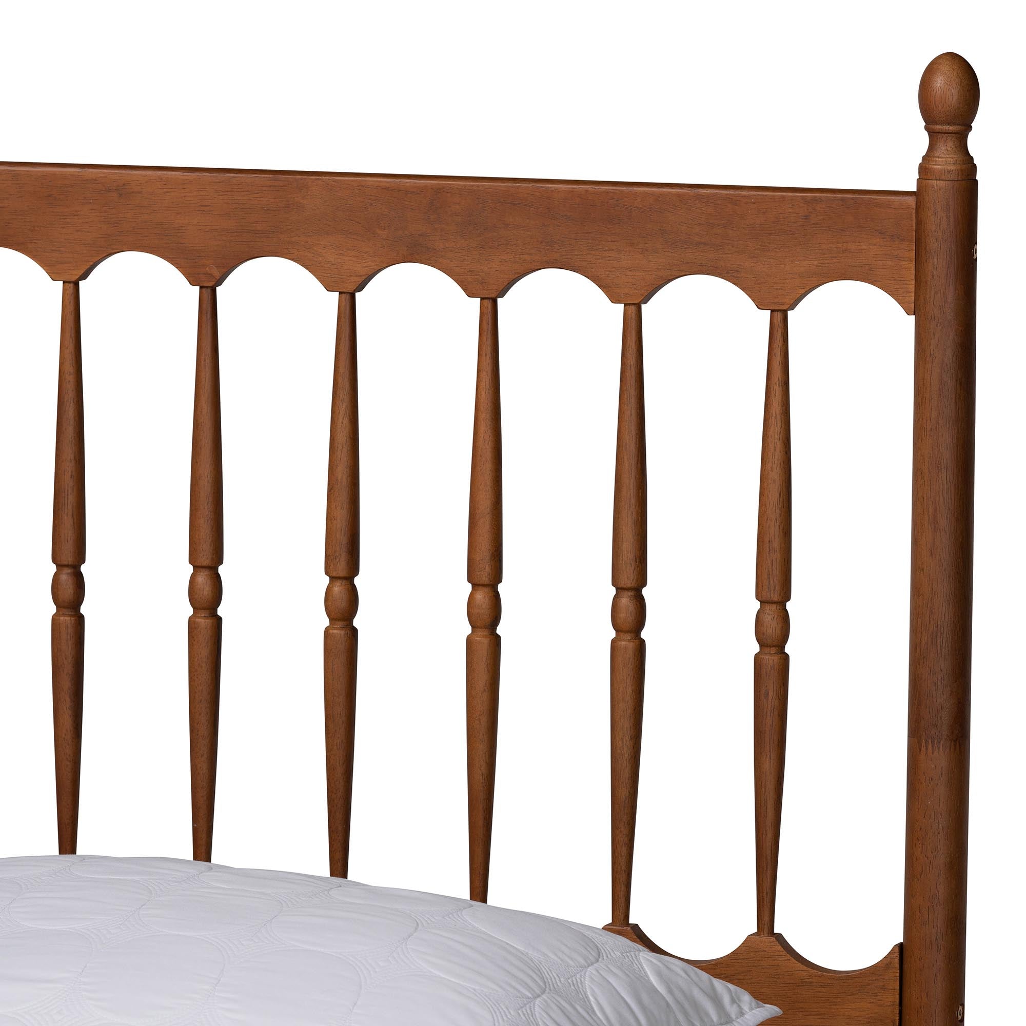 Aquamarine Queen Retro-Modern Platform Bed – Walnut Brown Spindle Design