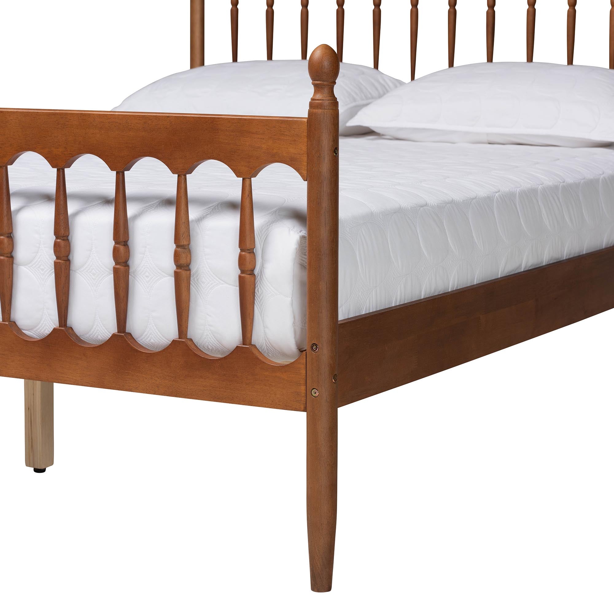 Aquamarine Queen Retro-Modern Platform Bed – Walnut Brown Spindle Design