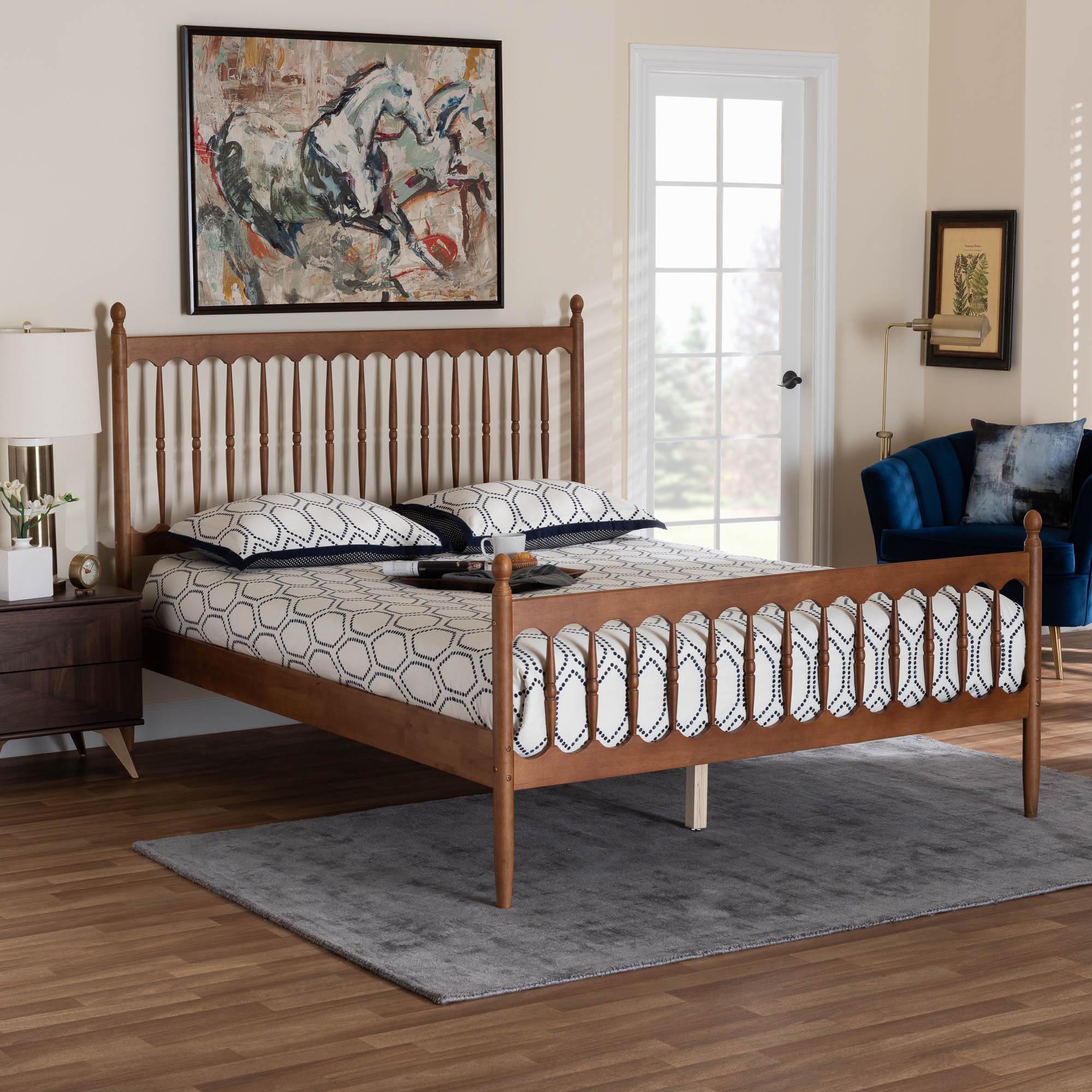 Aquamarine Queen Retro-Modern Platform Bed – Walnut Brown Spindle Design